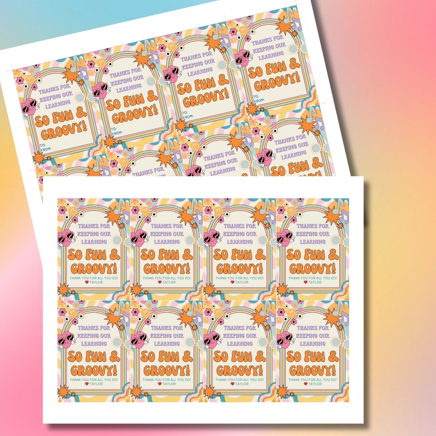 Image featuring THANKS FOR KEEPING OUR LEARNING SO FUN & GROOVY! Tags express gratitude with a colorful retro design and customizable names. Ideal for appreciation gifts to teachers, staff, nurses, and more.