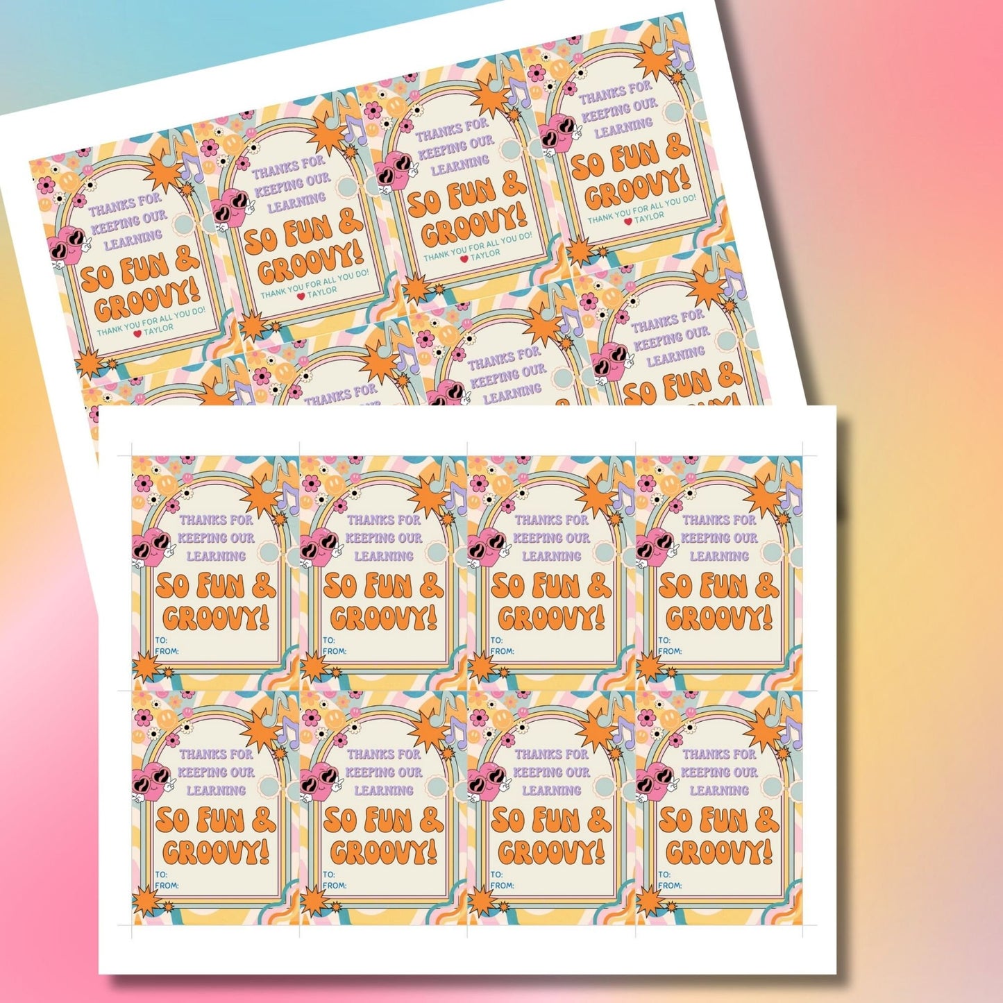 Image featuring THANKS FOR KEEPING OUR LEARNING SO FUN & GROOVY! Tags express gratitude with a colorful retro design and customizable names. Ideal for appreciation gifts to teachers, staff, nurses, and more.