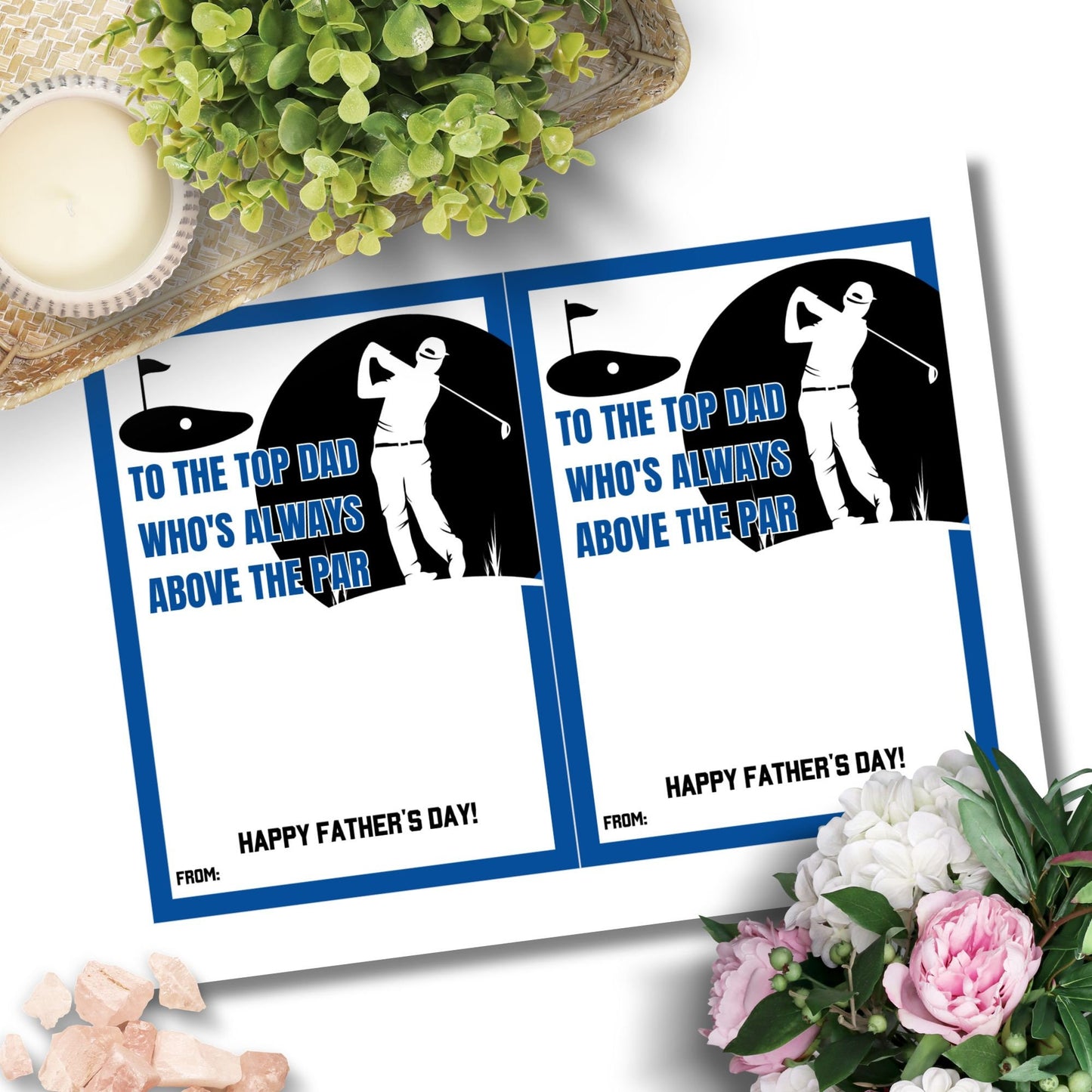 Fathers Day card featuring a golfer silhouette with To the top dad who's always above the par message, ideal for pairing with a Top Golf or any golf gift card.