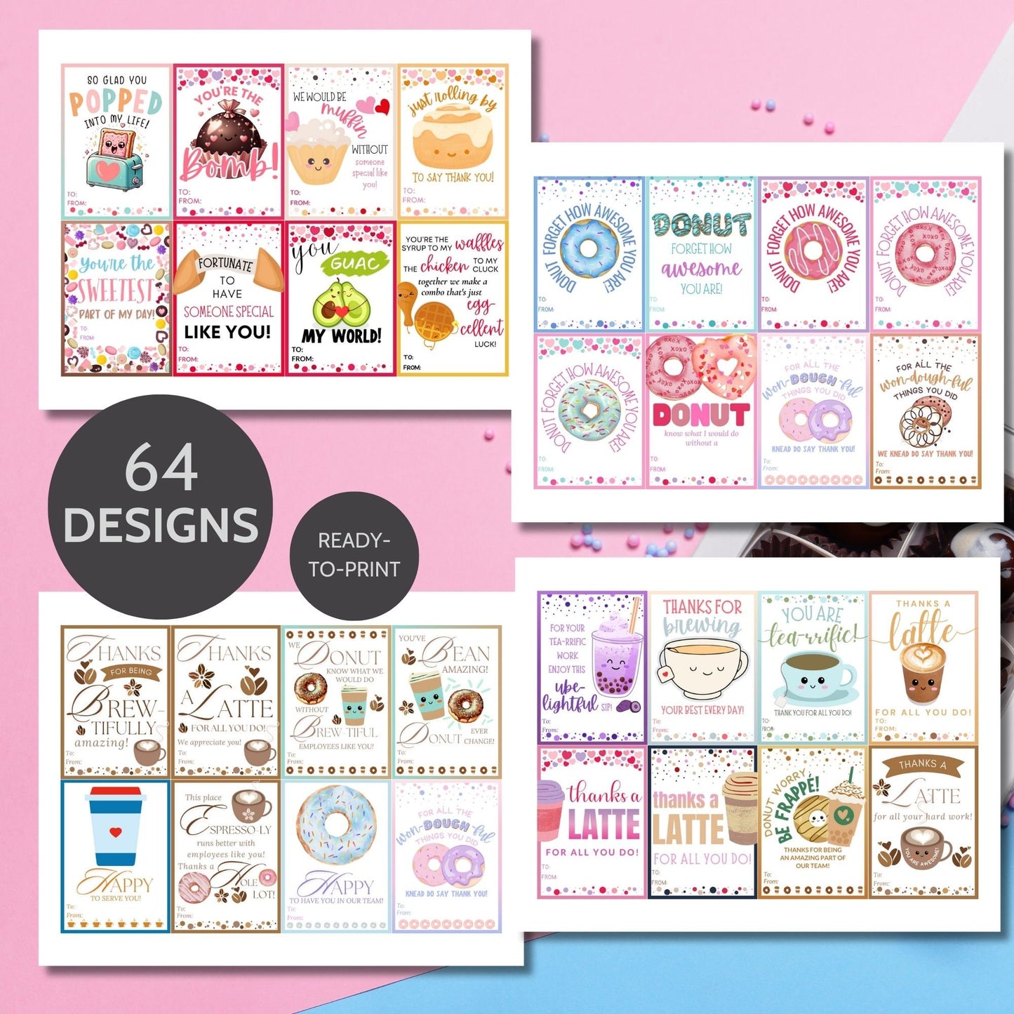 A collage showcasing 64 vibrant, fun appreciation gift tags with quirky designs featuring puns like Youre the Lime to my Tequila, Donut Forget How Awesome You Are, and Thanks a Latte for All You Do.