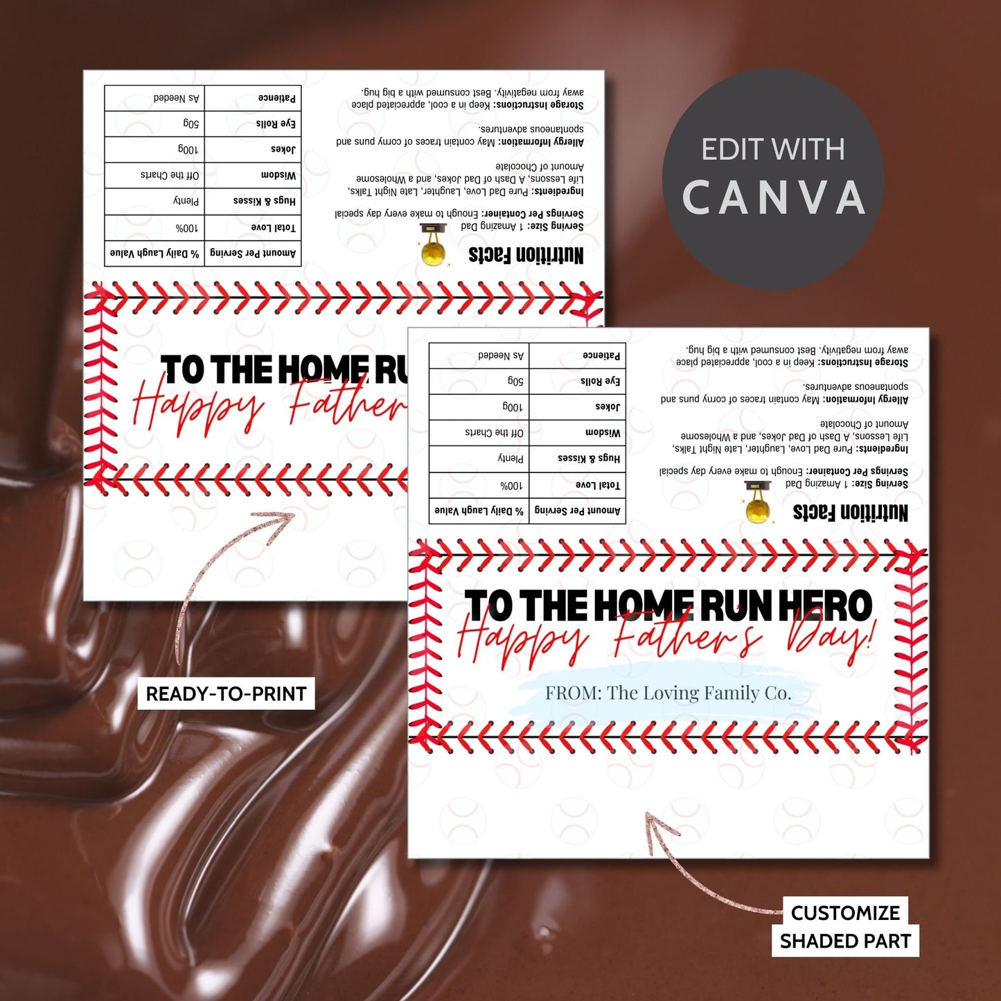 Baseball-themed Fathers Day chocolate bar wrapper with red baseball stitch patterns and baseball graphics, featuring the text To the Home Run Hero! Happy Fathers Day! from the Loving Family Co.