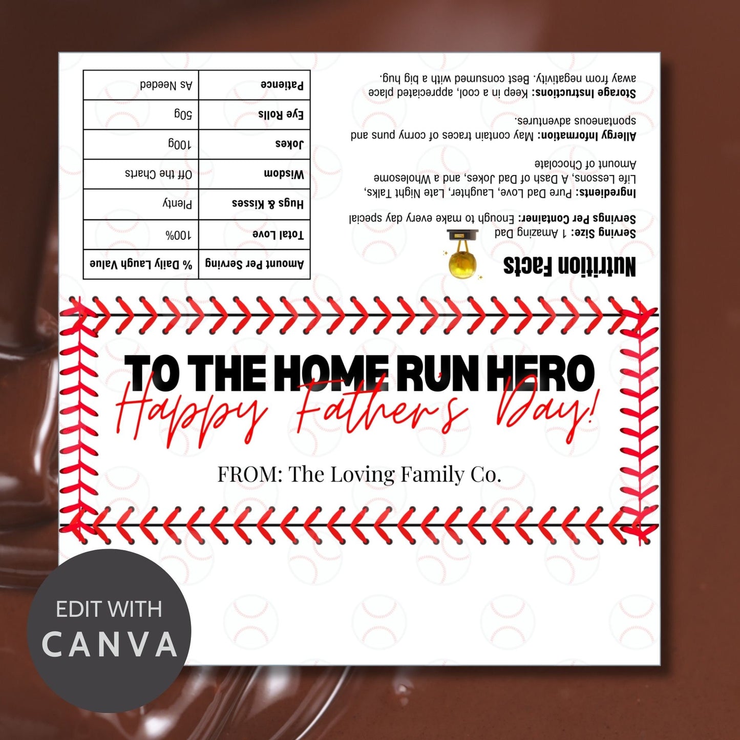 Baseball-themed Fathers Day chocolate bar wrapper with red baseball stitch patterns and baseball graphics, featuring the text To the Home Run Hero! Happy Fathers Day! from the Loving Family Co.