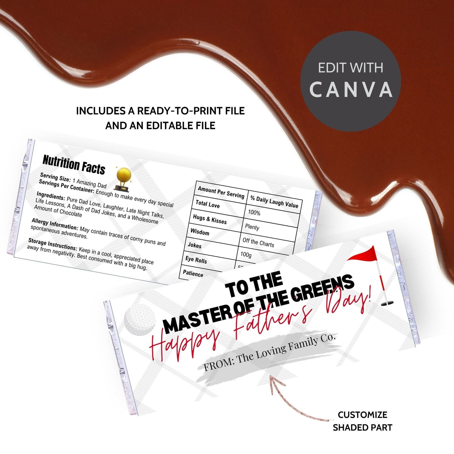 Elegant golf-themed Fathers Day chocolate bar wrapper with a golf ball and flag on an argyle background and the text To the Master of the Greens! Happy Fathers Day! from the Loving Family Co.