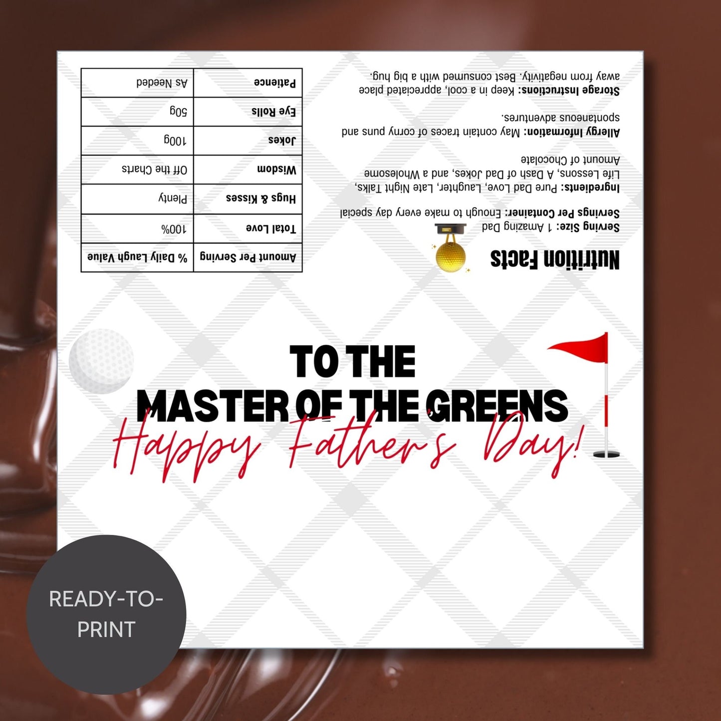 Elegant golf-themed Fathers Day chocolate bar wrapper with a golf ball and flag on an argyle background and the text To the Master of the Greens! Happy Fathers Day! from the Loving Family Co.