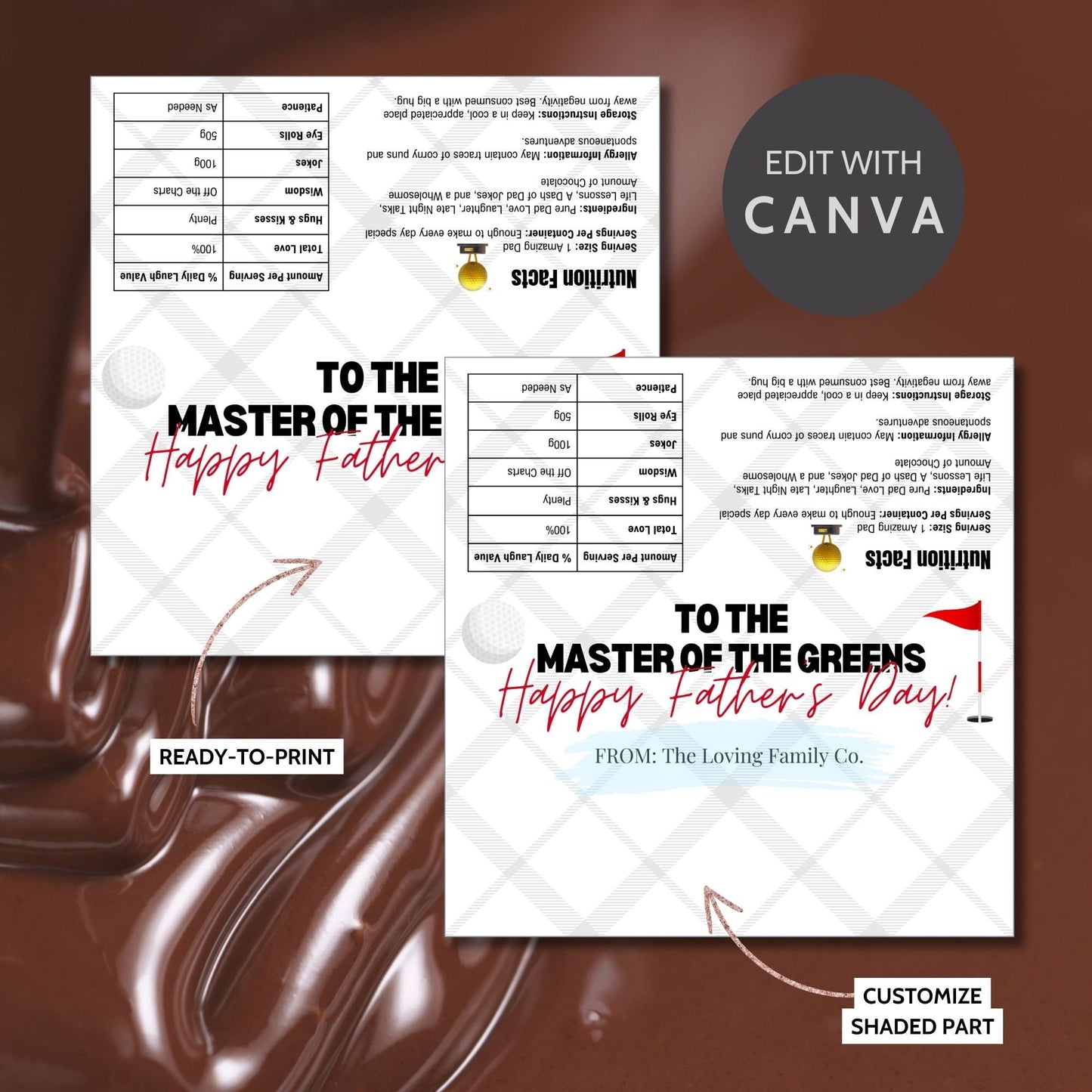 Elegant golf-themed Fathers Day chocolate bar wrapper with a golf ball and flag on an argyle background and the text To the Master of the Greens! Happy Fathers Day! from the Loving Family Co.