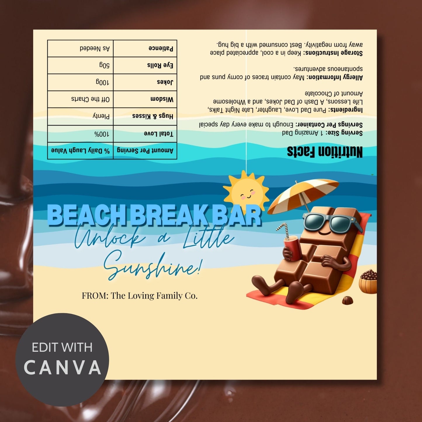 Whimsical beach-themed Fathers Day chocolate bar wrapper featuring a smiling sun, chocolate bar character with sunglasses and a drink, with the text Beach Break Bar - Unlock a Little Sunshine! from the Loving Family Co.
