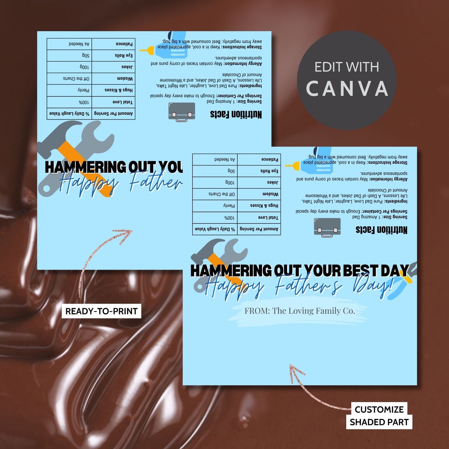 Blue and grey Fathers Day chocolate bar wrapper with toolbox graphics, featuring hammers and wrenches, and the text Hammering Out Your Best Day! Happy Fathers Day! from the Loving Family Co.