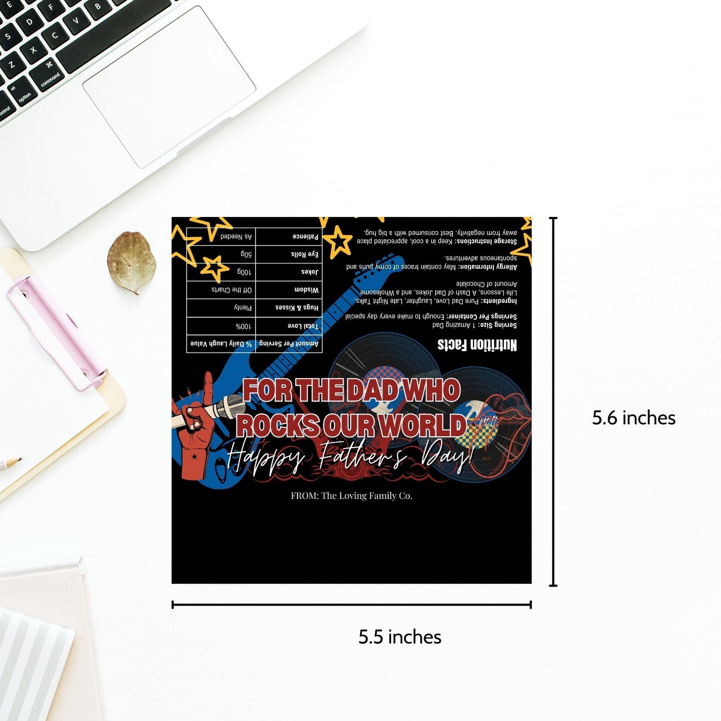 Rock and roll-themed Fathers Day chocolate bar wrapper featuring a hand making a rock sign, guitar, microphone, and vinyl records with the text For the Dad Who Rocks Our World! Happy Fathers Day! from the Loving Family Co.