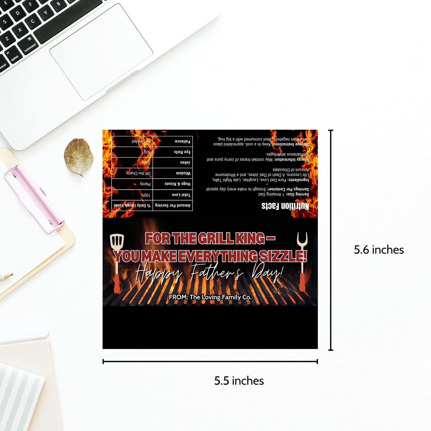 Grilling-themed Fathers Day chocolate bar wrapper featuring a fiery grill and grilling utensils with the text "For the Grill King - You Make Everything Sizzle! Happy Fathers Day! from the Loving Family Co.