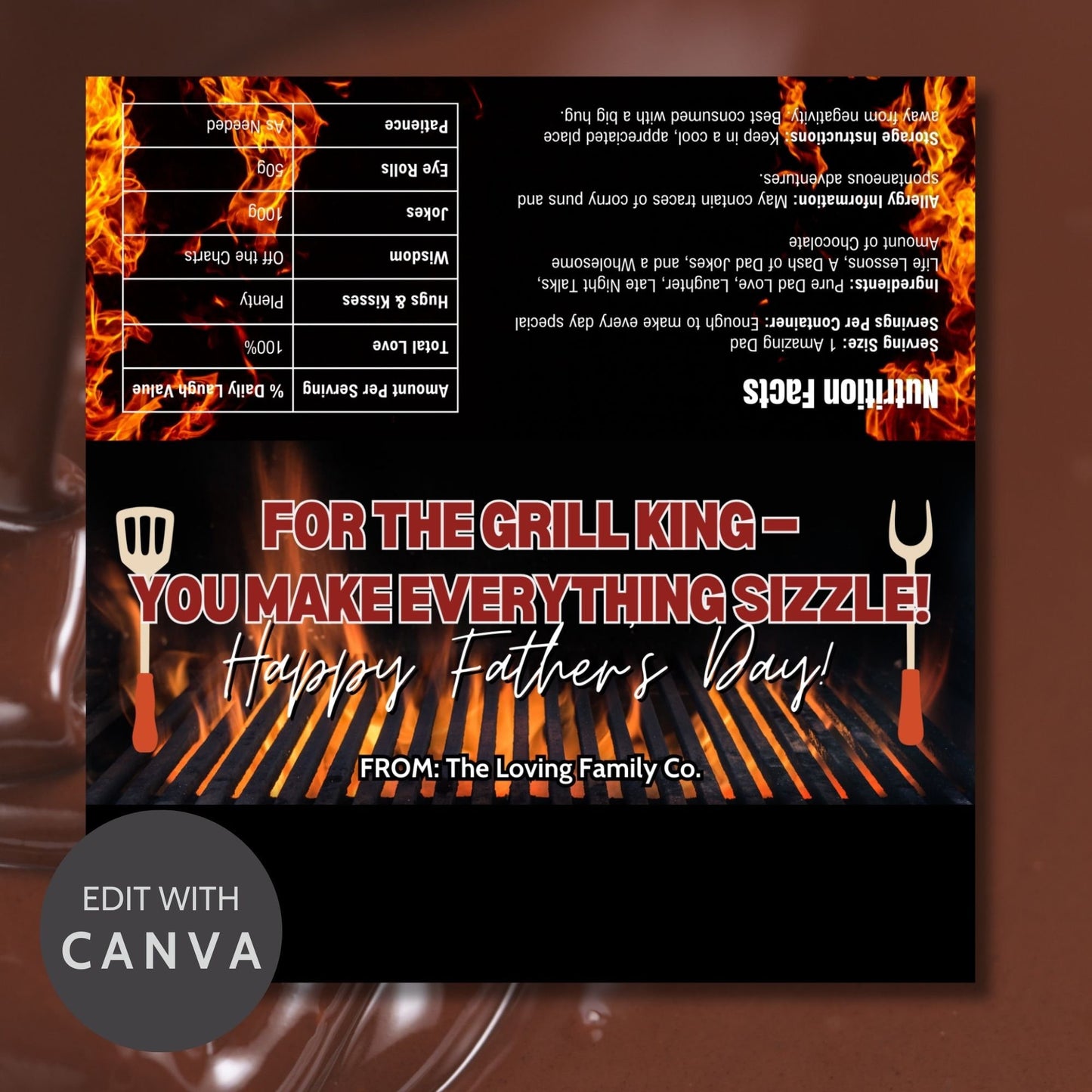 Grilling-themed Fathers Day chocolate bar wrapper featuring a fiery grill and grilling utensils with the text "For the Grill King - You Make Everything Sizzle! Happy Fathers Day! from the Loving Family Co.
