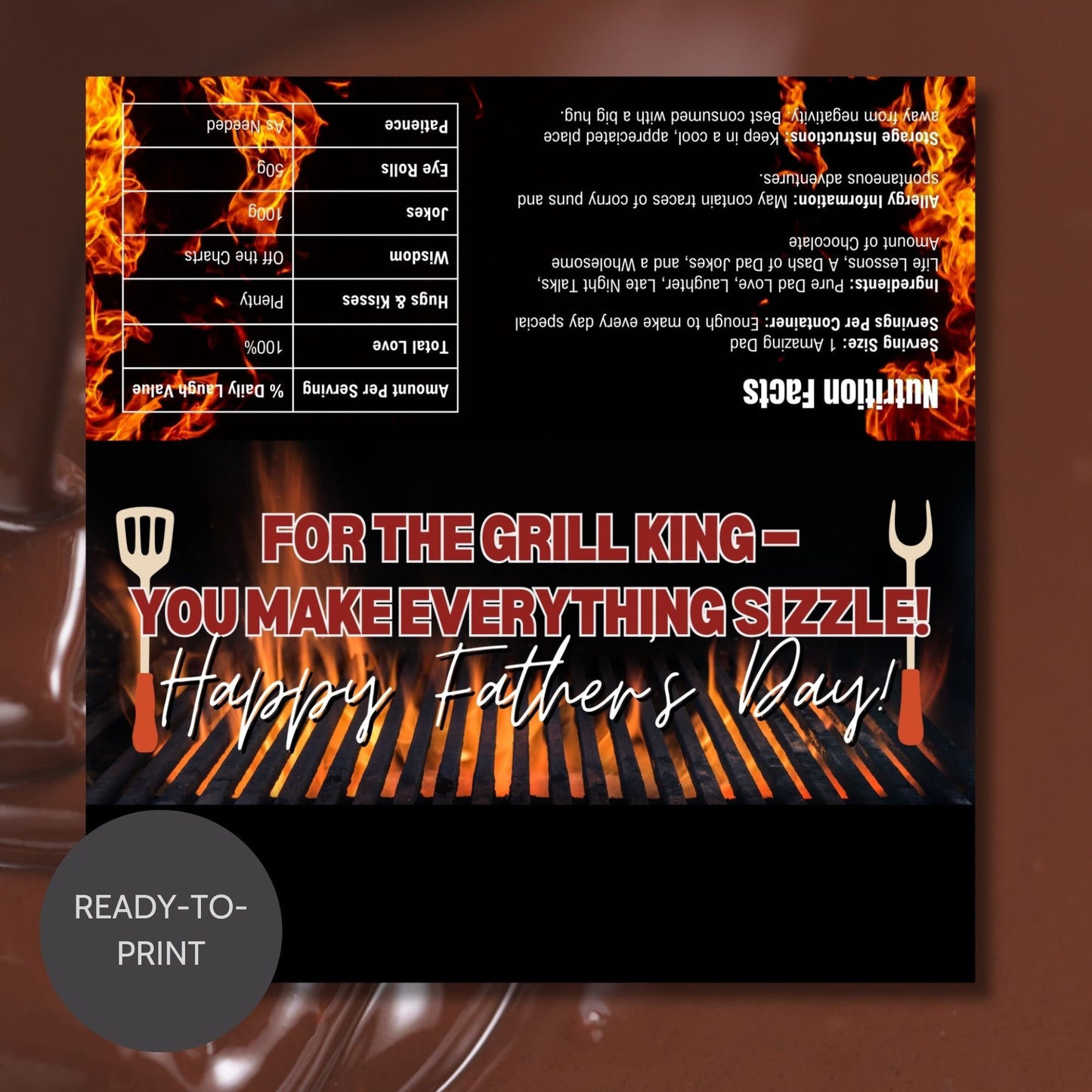 Grilling-themed Fathers Day chocolate bar wrapper featuring a fiery grill and grilling utensils with the text "For the Grill King - You Make Everything Sizzle! Happy Fathers Day! from the Loving Family Co.