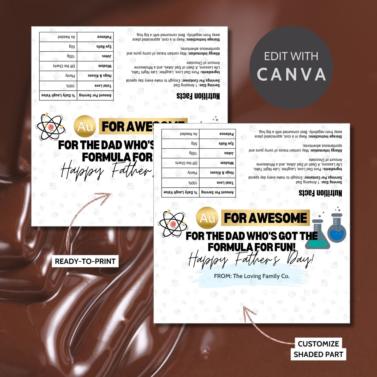 Science-themed Fathers Day chocolate bar wrapper featuring atomic and chemical flask symbols with the text For Awesome - For the Dad Who's Got the Formula for Fun! Happy Fathers Day! from the Loving Family Co.