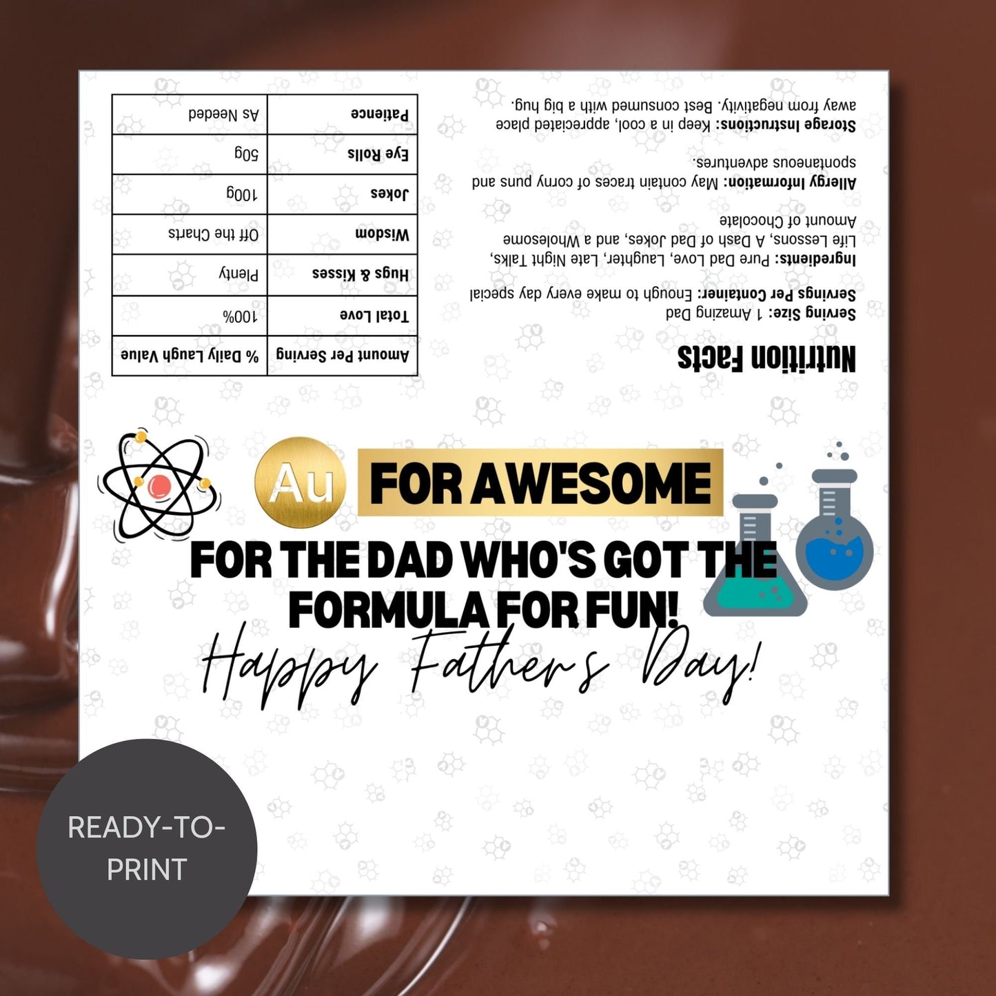 Science-themed Fathers Day chocolate bar wrapper featuring atomic and chemical flask symbols with the text For Awesome - For the Dad Who's Got the Formula for Fun! Happy Fathers Day! from the Loving Family Co.