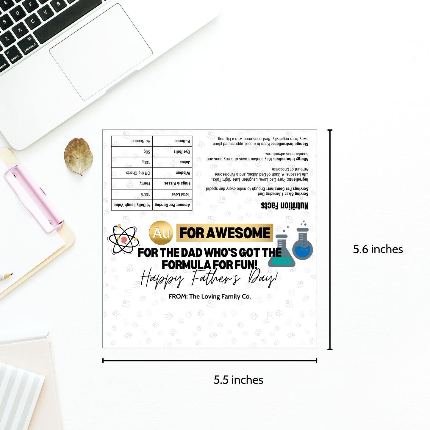 Science-themed Fathers Day chocolate bar wrapper featuring atomic and chemical flask symbols with the text For Awesome - For the Dad Who's Got the Formula for Fun! Happy Fathers Day! from the Loving Family Co.