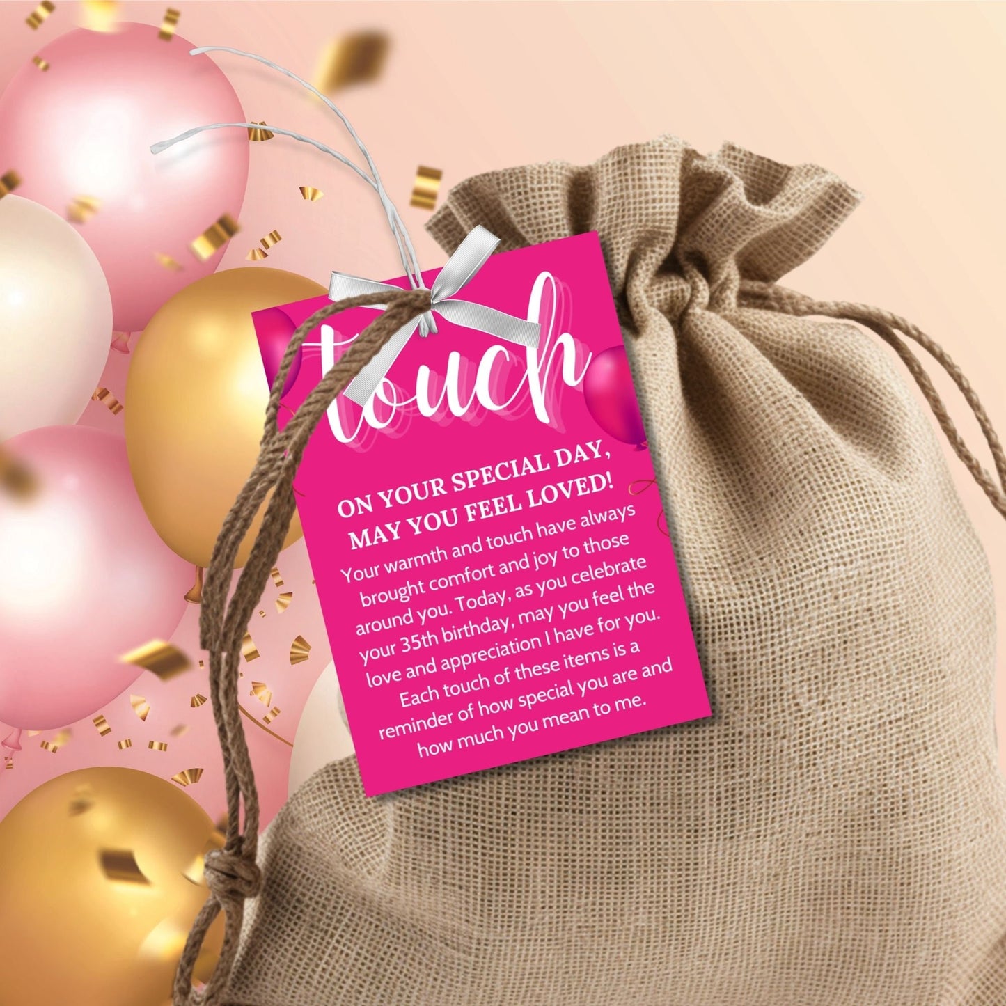 Editable birthday 5 senses gift tags in vibrant pink, featuring heartfelt messages for each sense: sight, hear, taste, smell, and touch. Tags are customizable via Canva and perfect for making birthdays special.