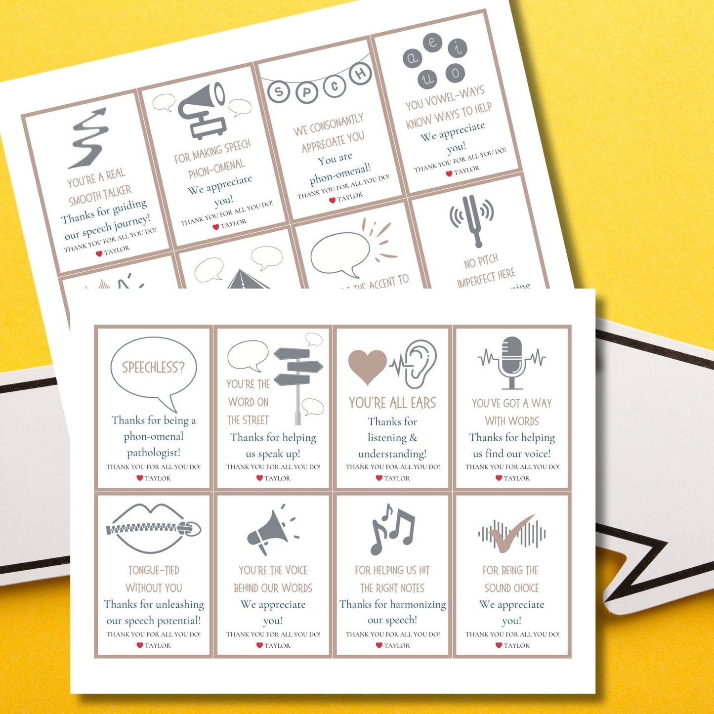 Speech pathologist appreciation gift tags featuring witty puns like Youre the accent to our success and For making speech phon-omenal. Buyers receive two PDF files: a ready-to-print set and an editable Canva template for personalization.