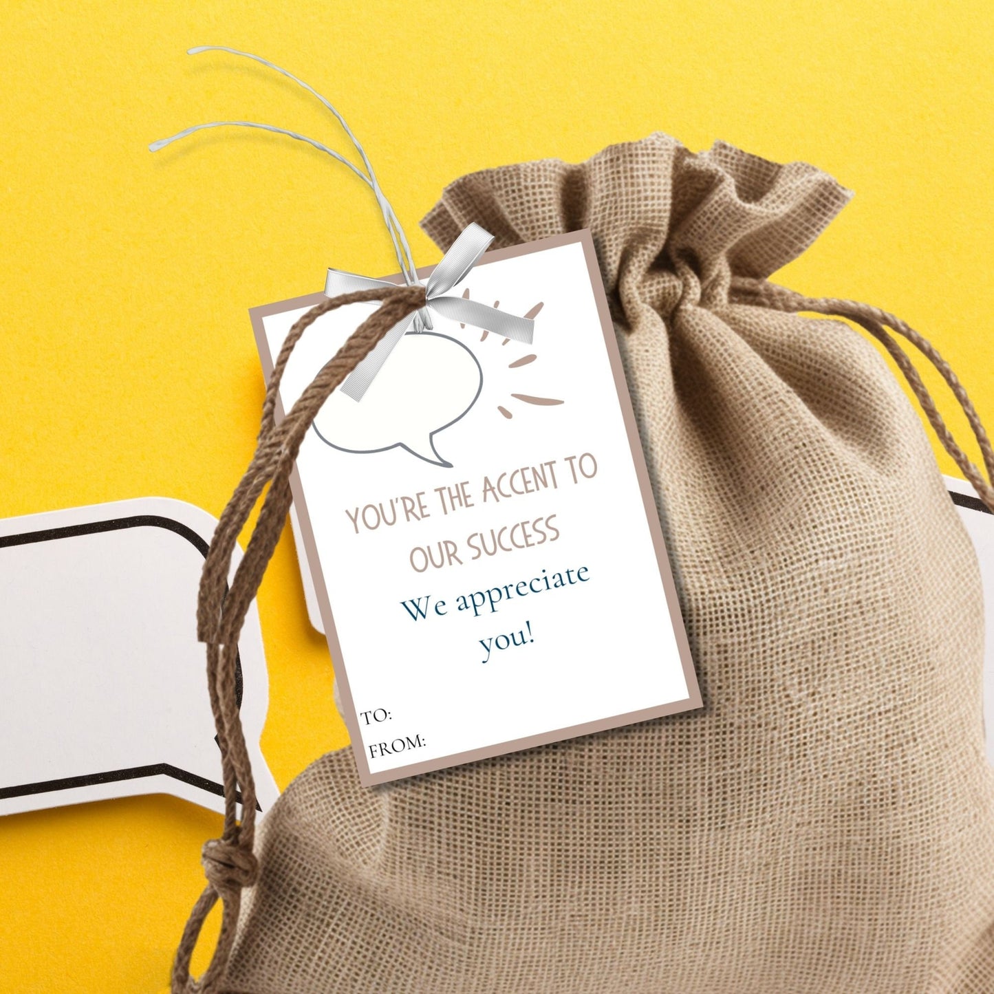 Speech pathologist appreciation gift tags featuring witty puns like Youre the accent to our success and For making speech phon-omenal. Buyers receive two PDF files: a ready-to-print set and an editable Canva template for personalization.