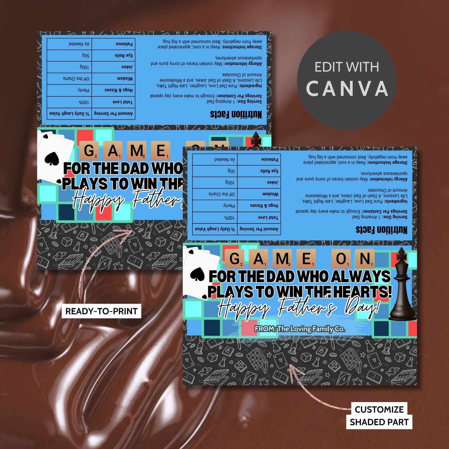 Board game-themed Fathers Day chocolate bar wrapper featuring chess and card game elements with colorful tiles and the text Game On - For the Dad Who Always Plays to Win the Hearts! Happy Fathers Day! from the Loving Family Co.