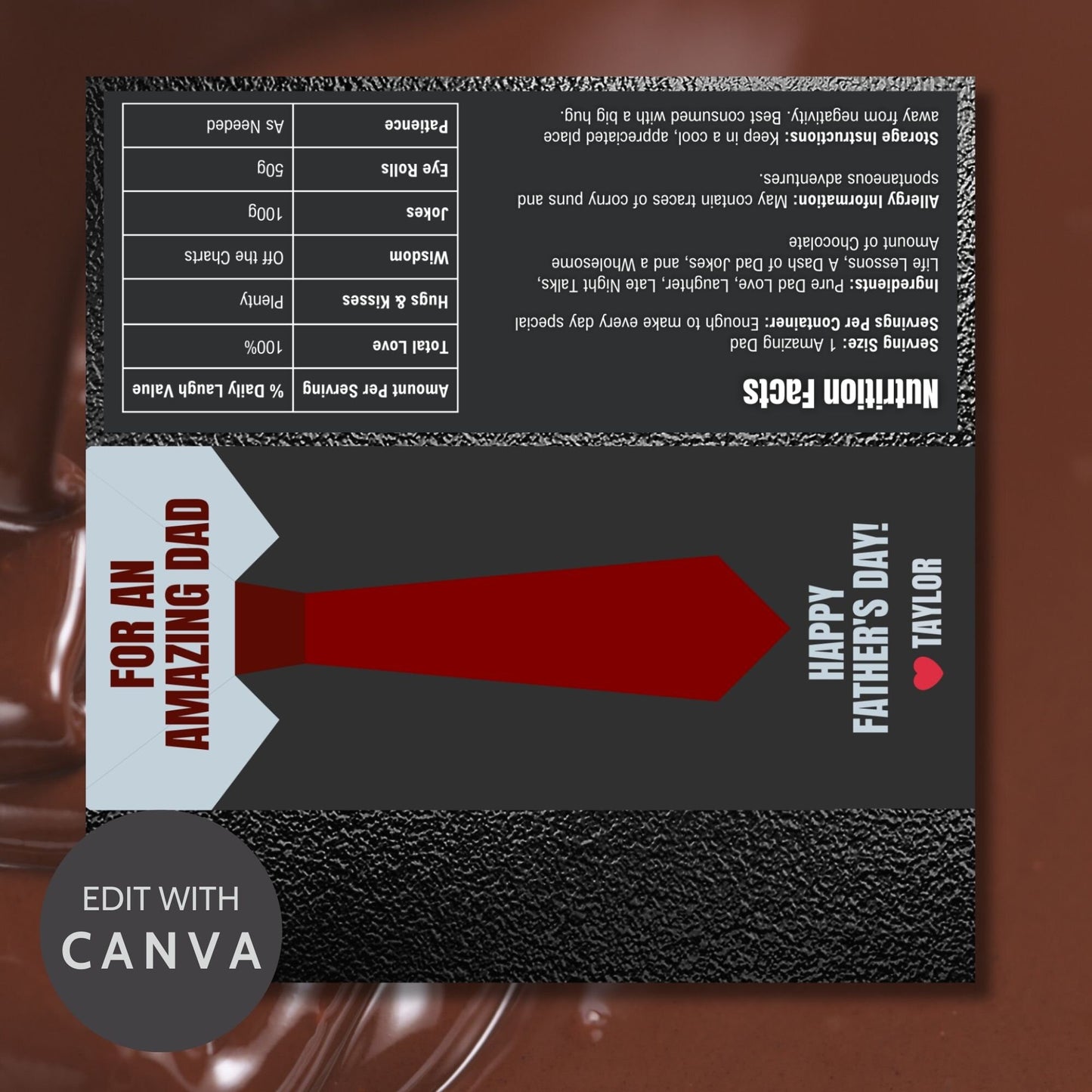 Sophisticated necktie-themed Fathers Day chocolate bar wrapper in shades of red and dark gray with the text For an Amazing Dad - Happy Fathers Day! - Taylor β€οΈ
