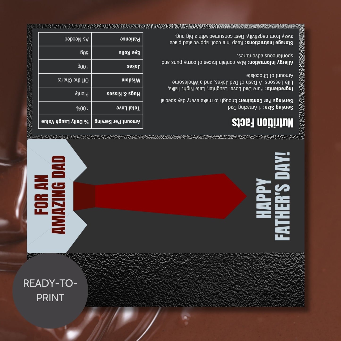 Sophisticated necktie-themed Fathers Day chocolate bar wrapper in shades of red and dark gray with the text For an Amazing Dad - Happy Fathers Day! - Taylor β€οΈ