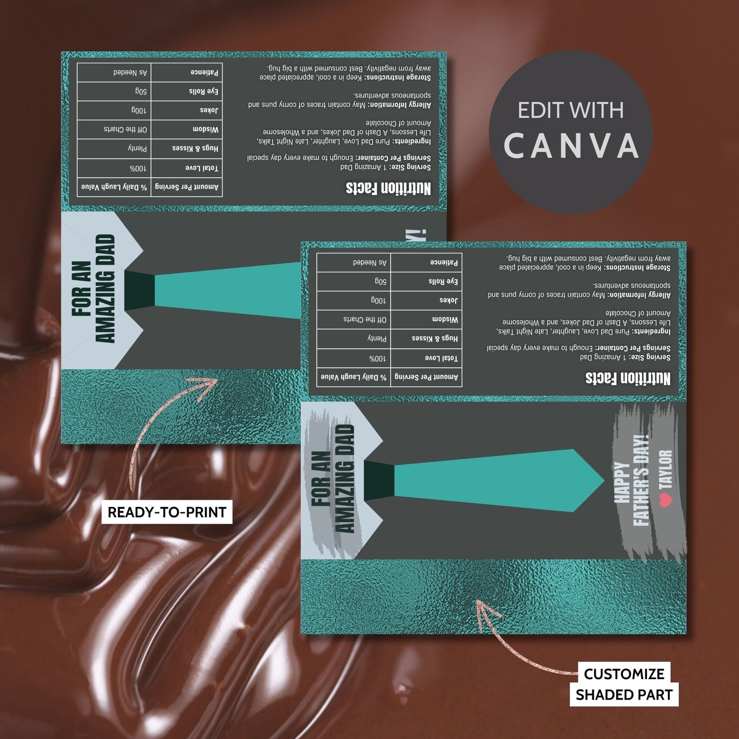 Sophisticated necktie-themed Fathers Day chocolate bar wrapper in shades of green and gray with the text For an Amazing Dad - Happy Fathers Day! - Taylor β€οΈ