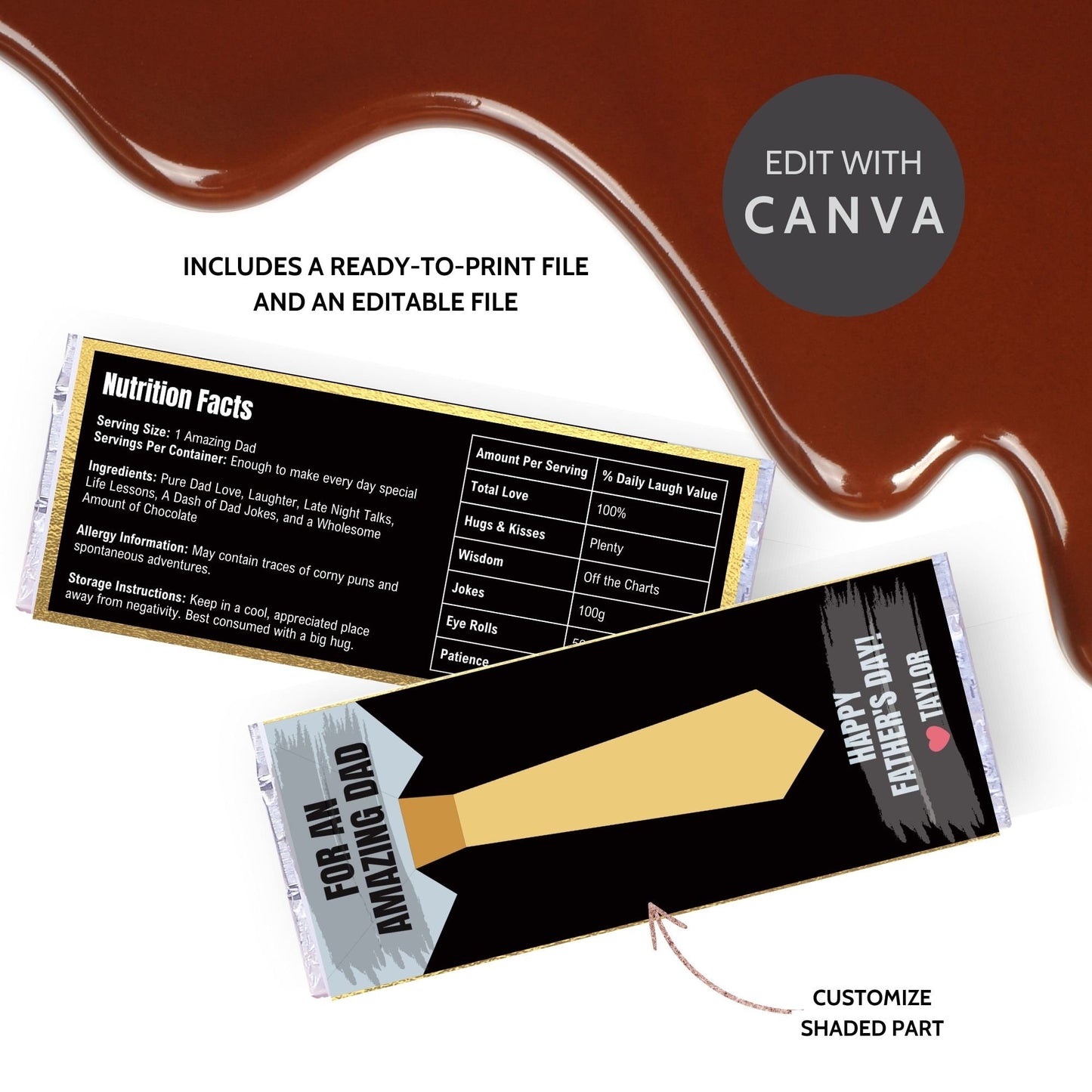 Sophisticated necktie-themed Fathers Day chocolate bar wrapper in shades of gold and black with the text For an Amazing Dad - Happy Fathers Day! - Taylor β€οΈ