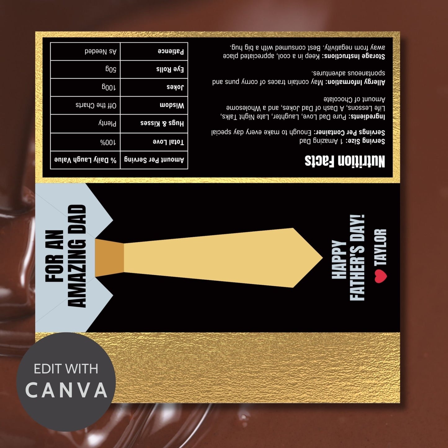 Sophisticated necktie-themed Fathers Day chocolate bar wrapper in shades of gold and black with the text For an Amazing Dad - Happy Fathers Day! - Taylor β€οΈ