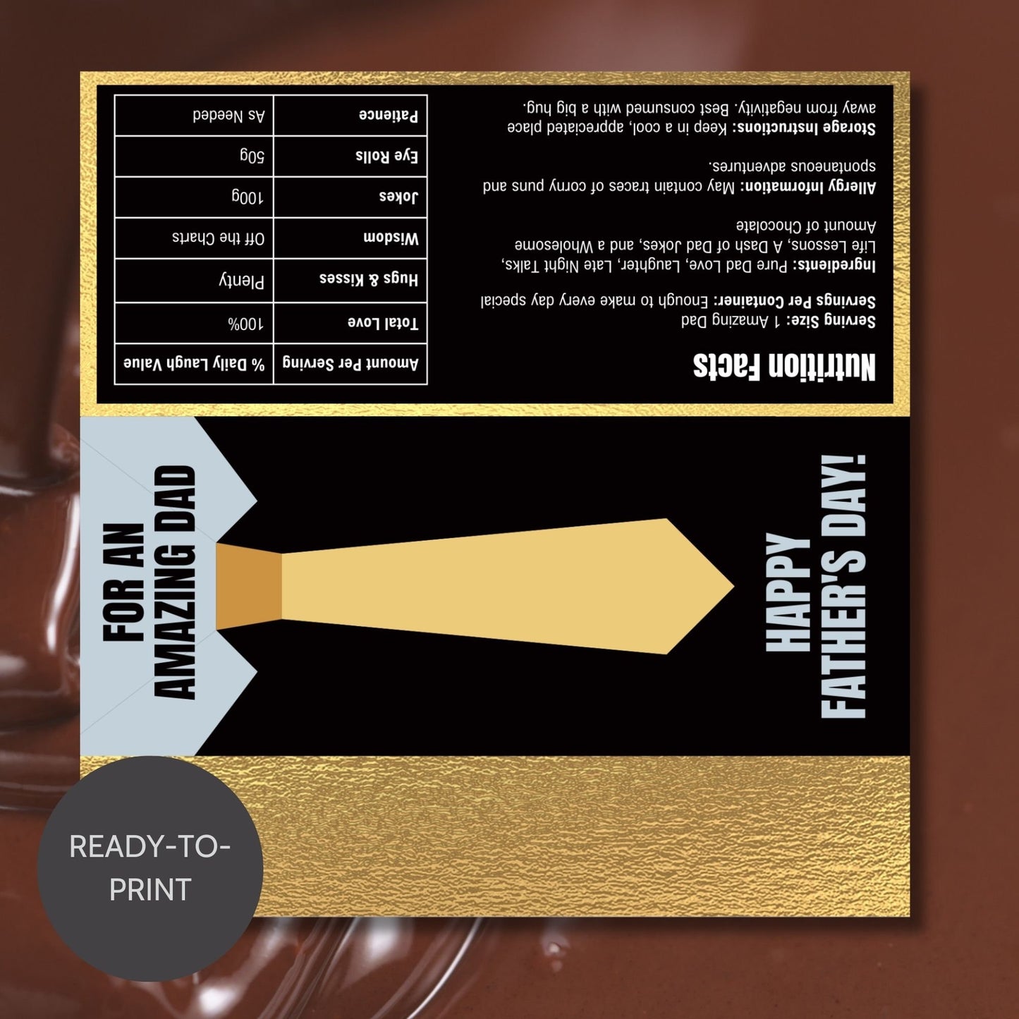 Sophisticated necktie-themed Fathers Day chocolate bar wrapper in shades of gold and black with the text For an Amazing Dad - Happy Fathers Day! - Taylor β€οΈ