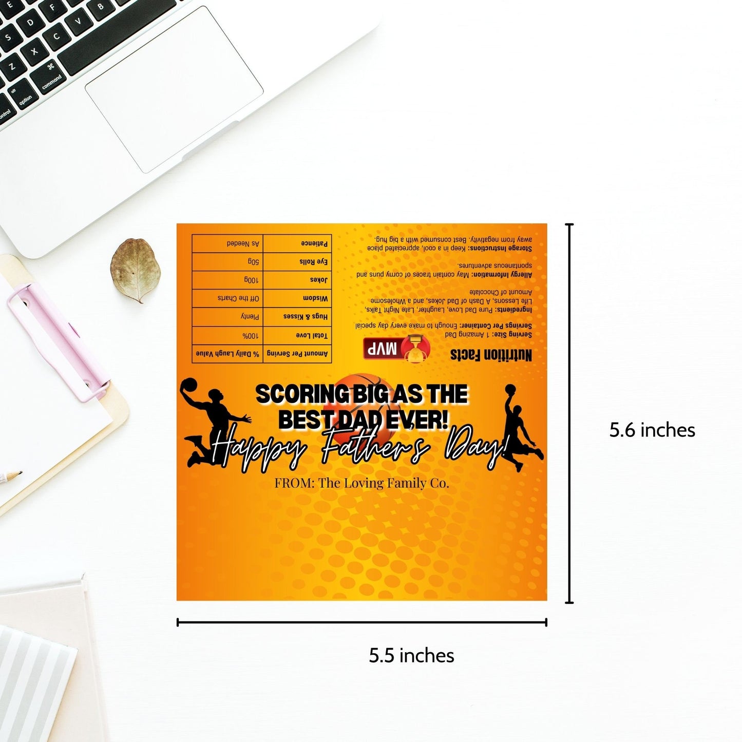 Orange and black basketball-themed Fathers Day chocolate bar wrapper featuring a basketball player silhouette with the text Scoring Big as the Best Dad Ever! Happy Father's Day! from the Loving Family Co.