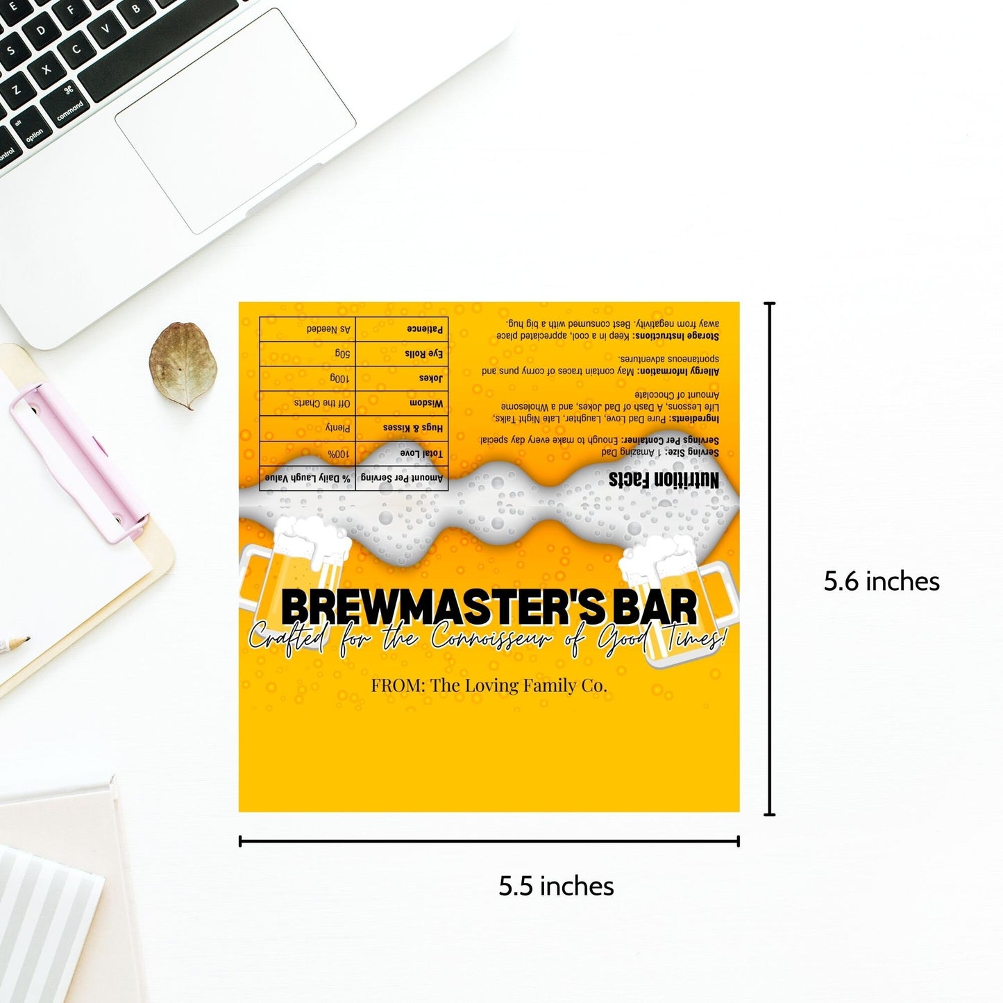Image of a printable Fathers Day chocolate bar wrapper, themed as a beer glass with foam, titled BREWMASTERS BAR, on a vibrant yellow background.