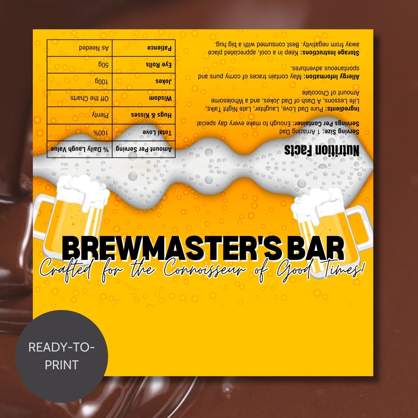 Image of a printable Fathers Day chocolate bar wrapper, themed as a beer glass with foam, titled BREWMASTERS BAR, on a vibrant yellow background.