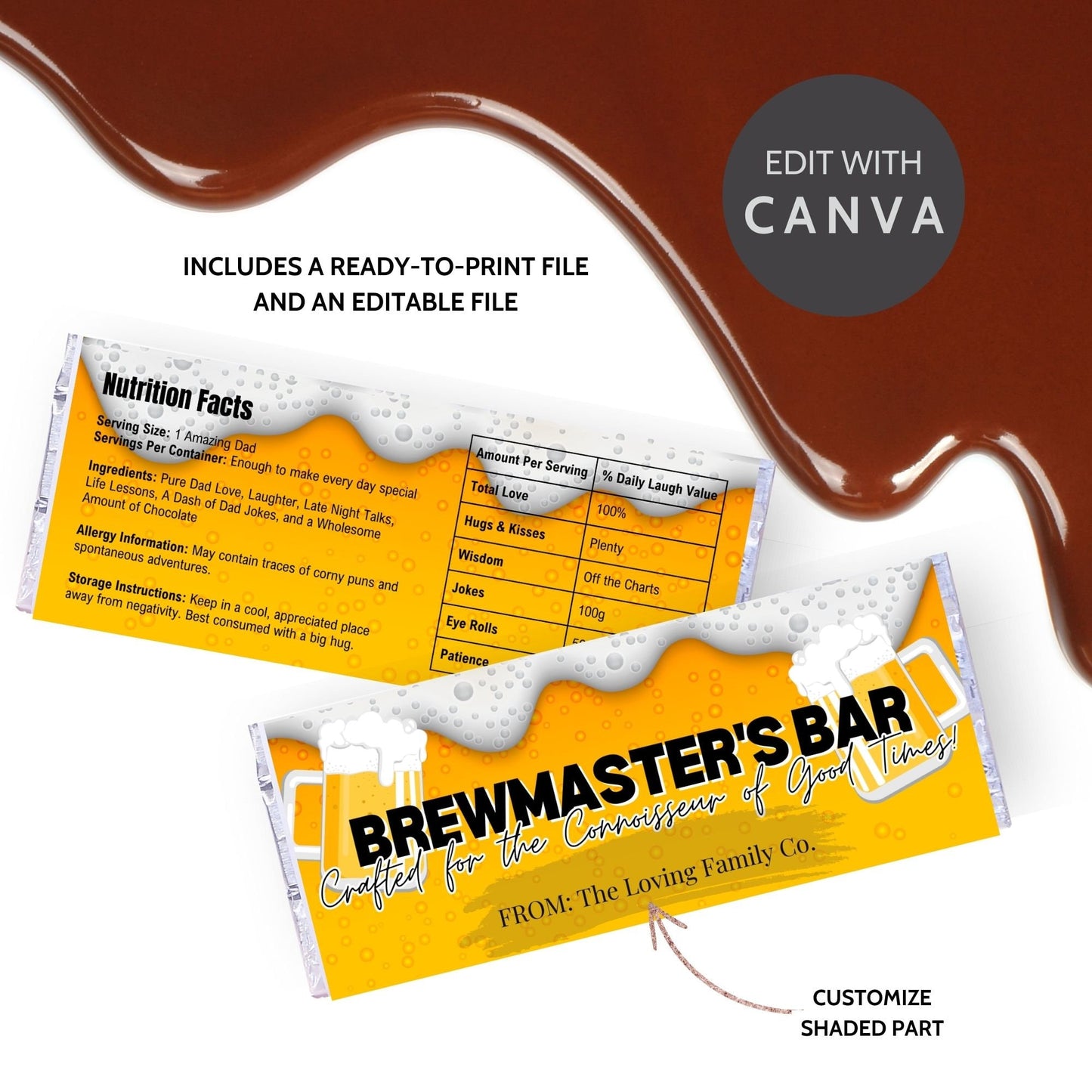 Image of a printable Fathers Day chocolate bar wrapper, themed as a beer glass with foam, titled BREWMASTERS BAR, on a vibrant yellow background.