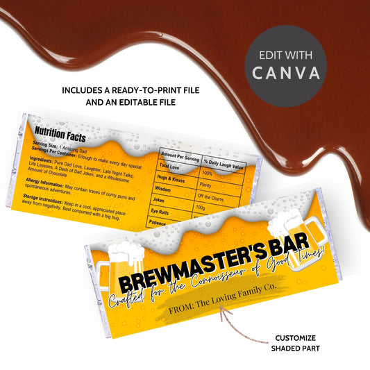 Image of a printable Fathers Day chocolate bar wrapper, themed as a beer glass with foam, titled BREWMASTERS BAR, on a vibrant yellow background.