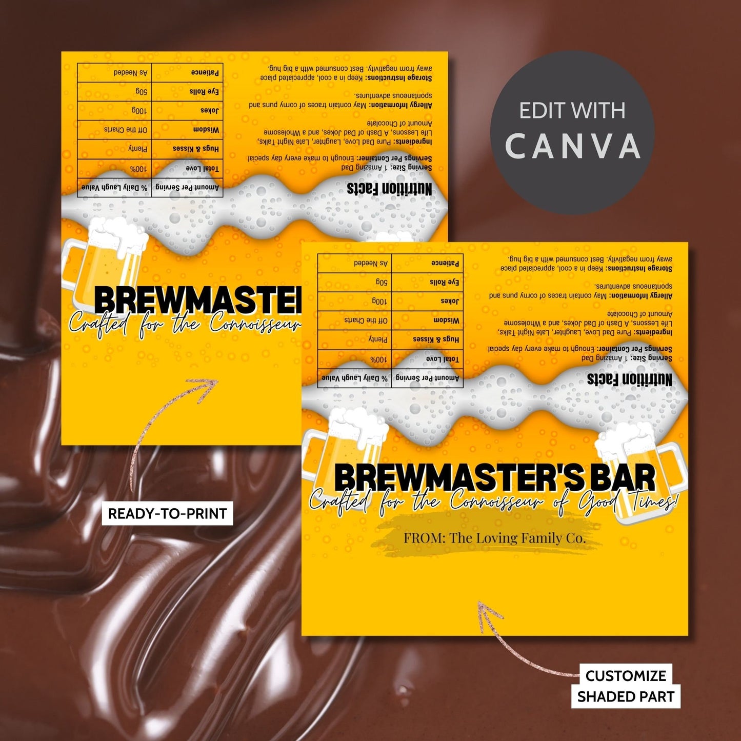 Image of a printable Fathers Day chocolate bar wrapper, themed as a beer glass with foam, titled BREWMASTERS BAR, on a vibrant yellow background.