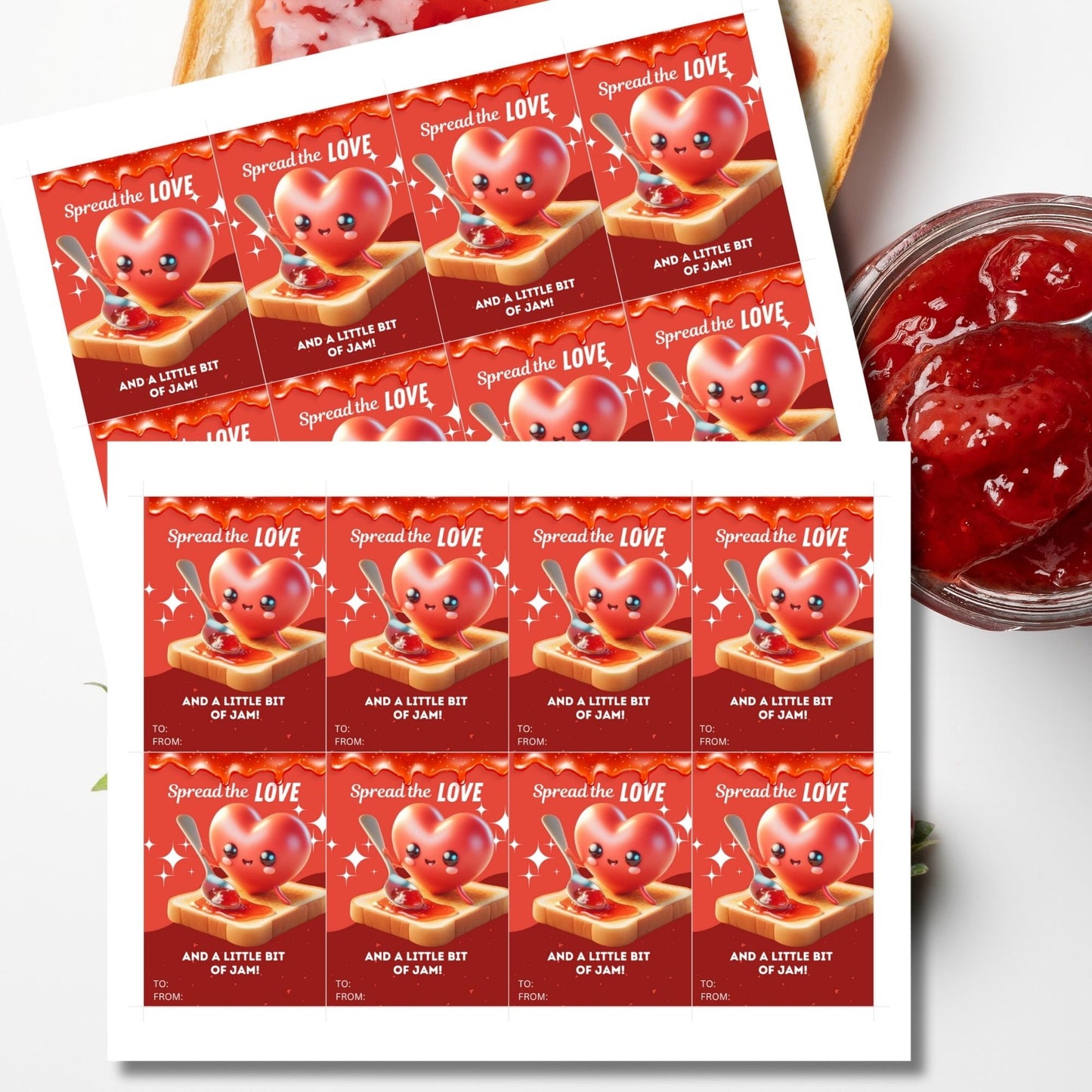 Eight vibrant, flirty jam gift tags with a cute heart character spreading jam on toast, captioned Spread the Love and a Little Bit of Jam! ready for printing or customizing via Canva. Perfect for teachers, nurses, staff, and more.
