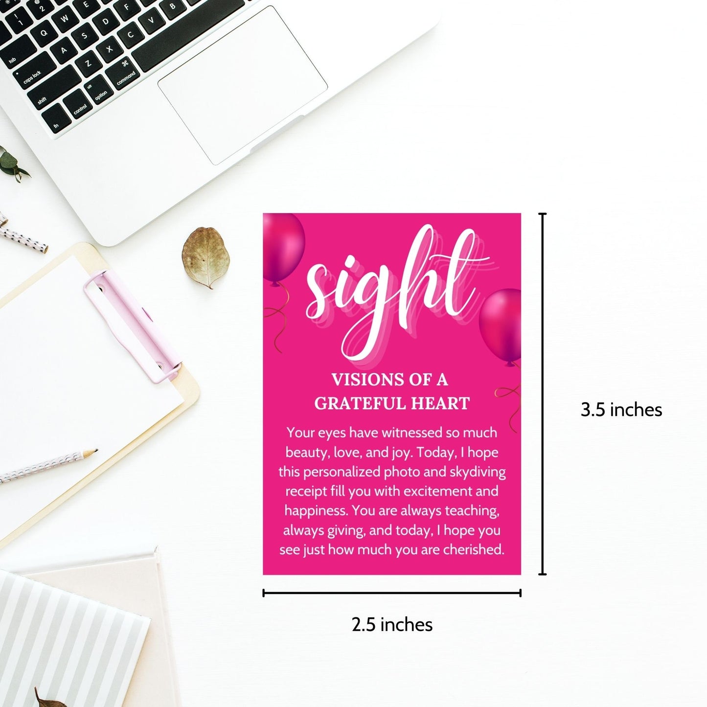 Editable birthday 5 senses gift tags in vibrant pink, featuring heartfelt messages for each sense: sight, hear, taste, smell, and touch. Tags are customizable via Canva and perfect for making birthdays special.