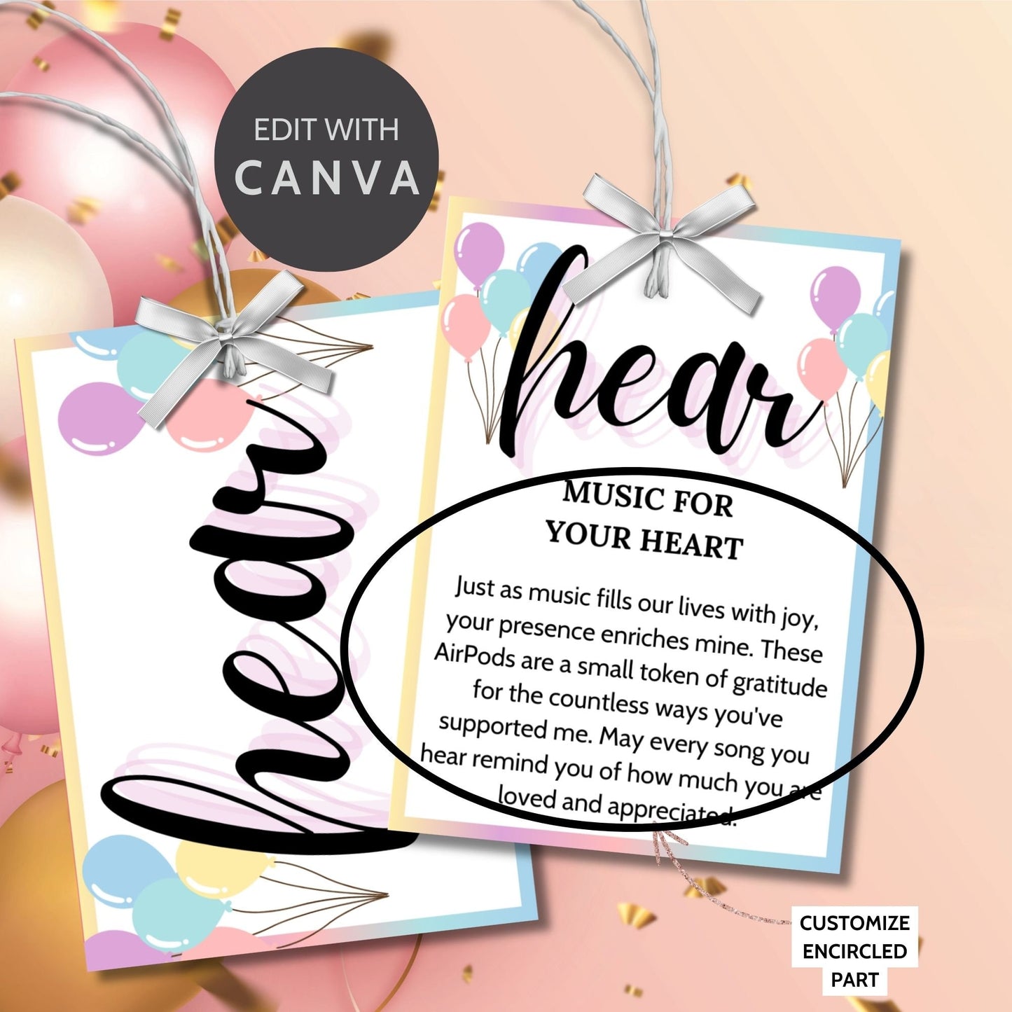 Customizable 5 Senses Birthday Gift Tags for teachers, nurses, employees, staff, bus drivers, and admin. Includes a PDF with an editable Canva template. Double-sided design with personalized descriptions and recipient's name.