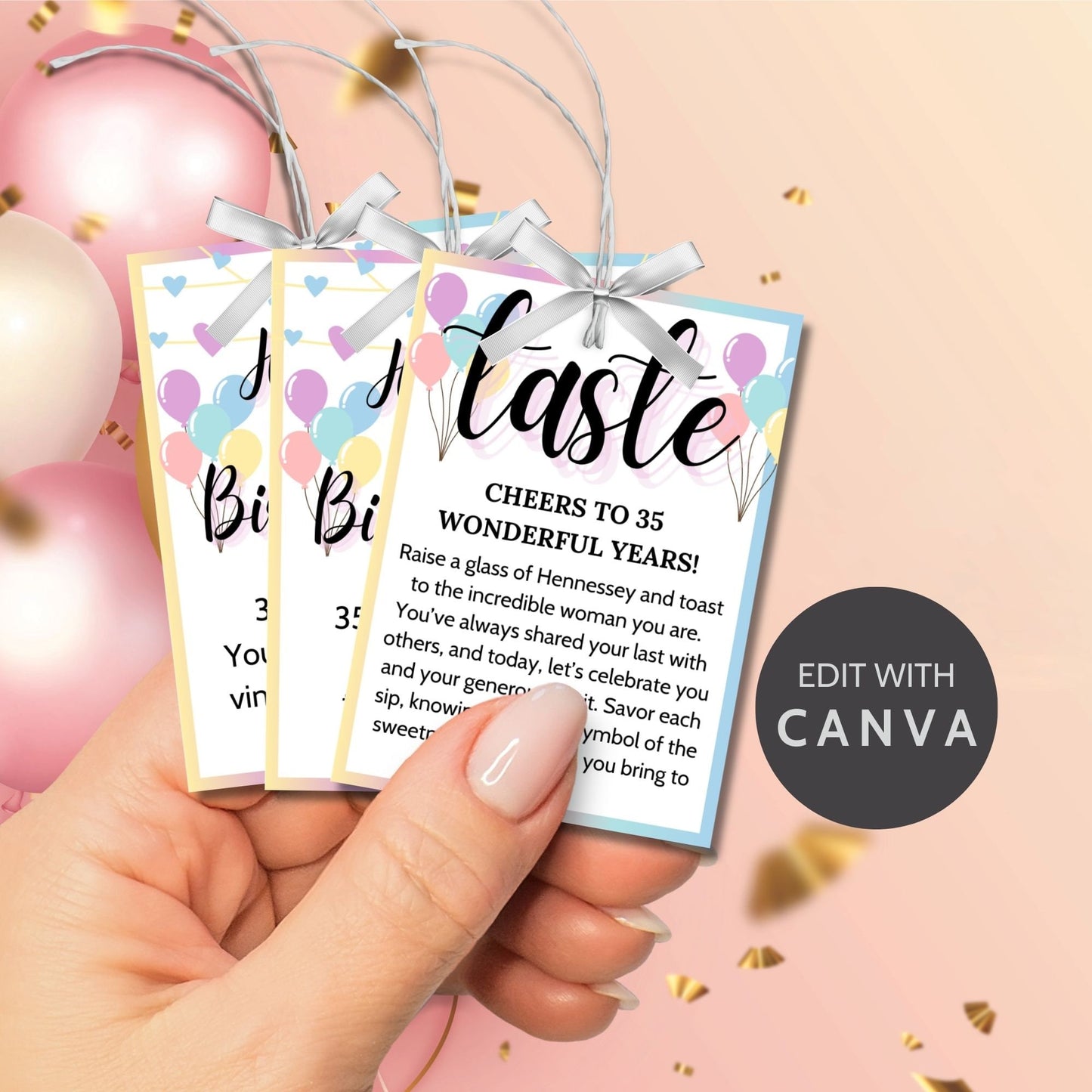 Customizable 5 Senses Birthday Gift Tags for teachers, nurses, employees, staff, bus drivers, and admin. Includes a PDF with an editable Canva template. Double-sided design with personalized descriptions and recipient's name.