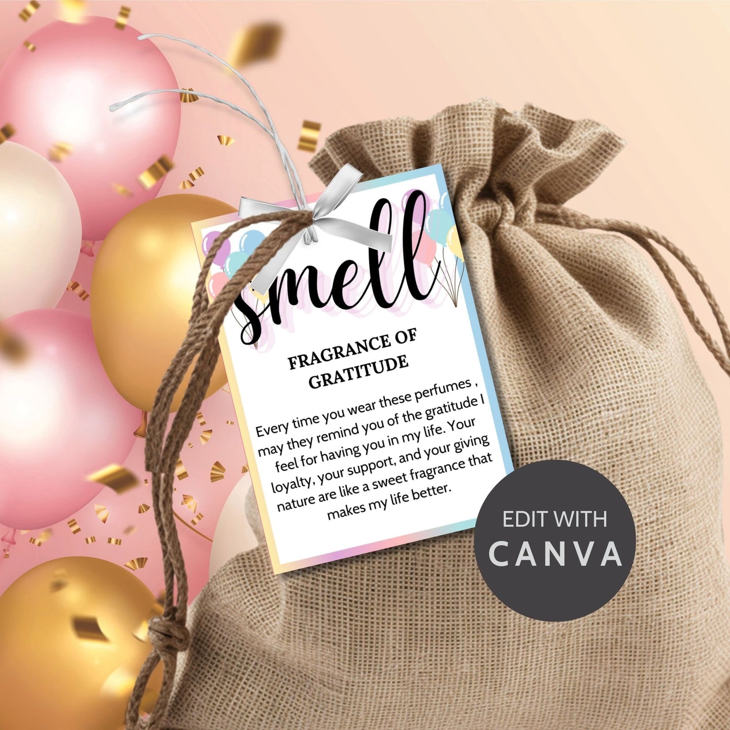 Customizable 5 Senses Birthday Gift Tags for teachers, nurses, employees, staff, bus drivers, and admin. Includes a PDF with an editable Canva template. Double-sided design with personalized descriptions and recipient's name.