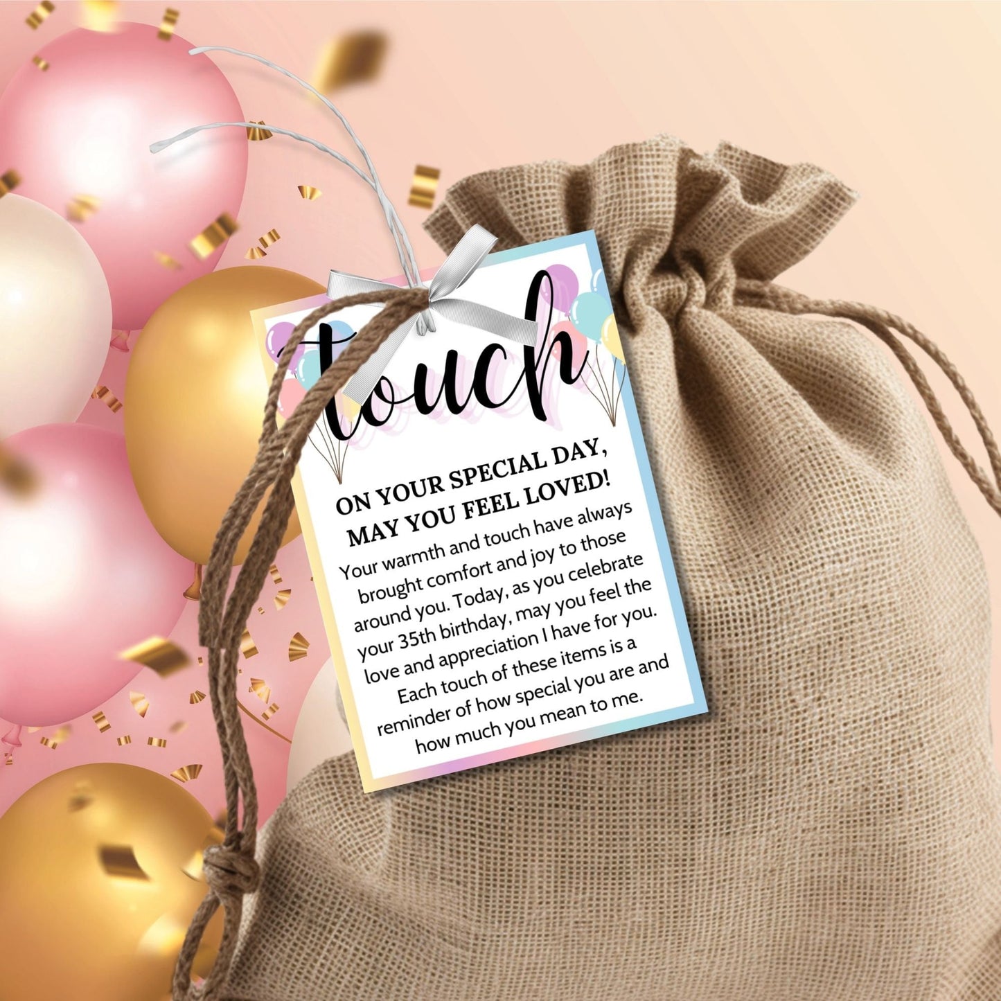 Customizable 5 Senses Birthday Gift Tags for teachers, nurses, employees, staff, bus drivers, and admin. Includes a PDF with an editable Canva template. Double-sided design with personalized descriptions and recipient's name.