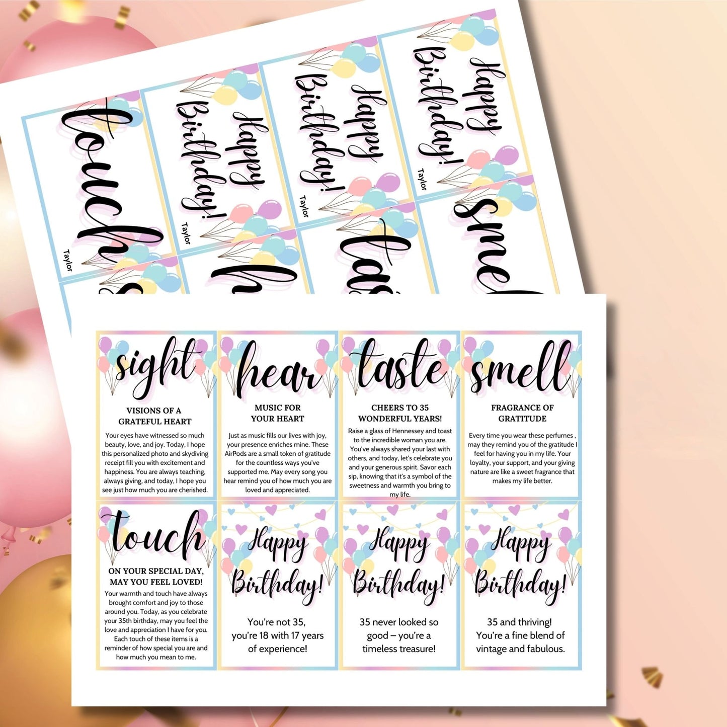 Customizable 5 Senses Birthday Gift Tags for teachers, nurses, employees, staff, bus drivers, and admin. Includes a PDF with an editable Canva template. Double-sided design with personalized descriptions and recipient's name.