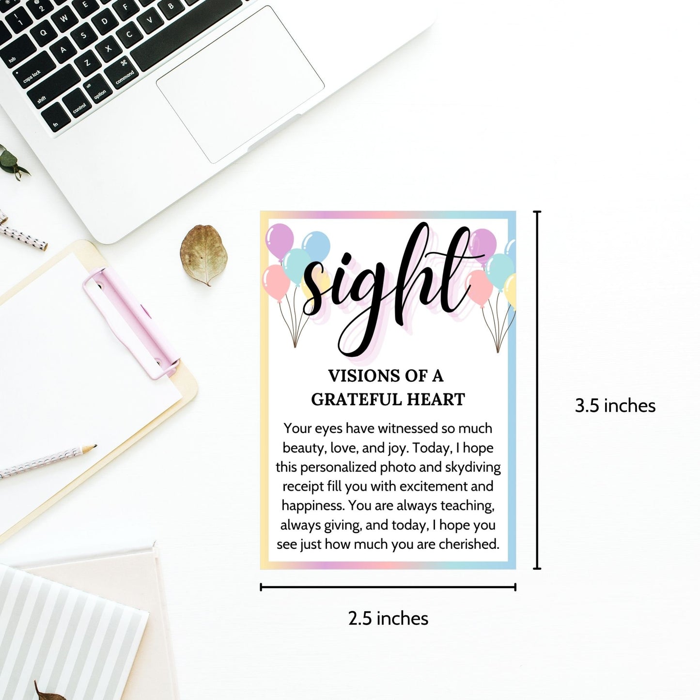 Customizable 5 Senses Birthday Gift Tags for teachers, nurses, employees, staff, bus drivers, and admin. Includes a PDF with an editable Canva template. Double-sided design with personalized descriptions and recipient's name.
