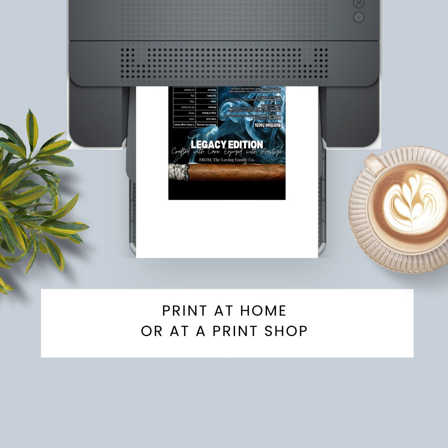 Image of a printable Fathers Day chocolate bar wrapper with a cigar design, featuring smoke swirls and titled LEGACY EDITION on a smokey background.