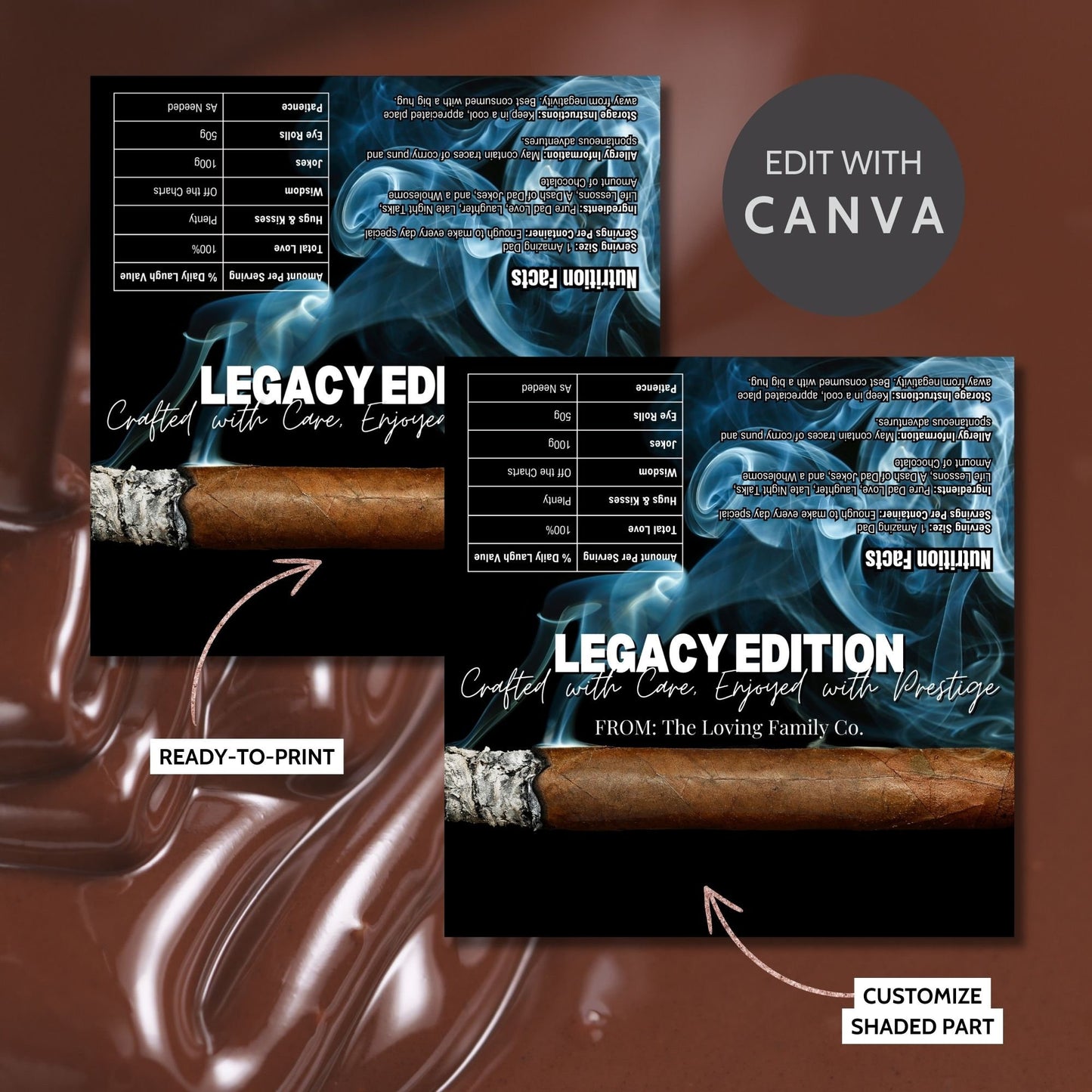 Image of a printable Fathers Day chocolate bar wrapper with a cigar design, featuring smoke swirls and titled LEGACY EDITION on a smokey background.