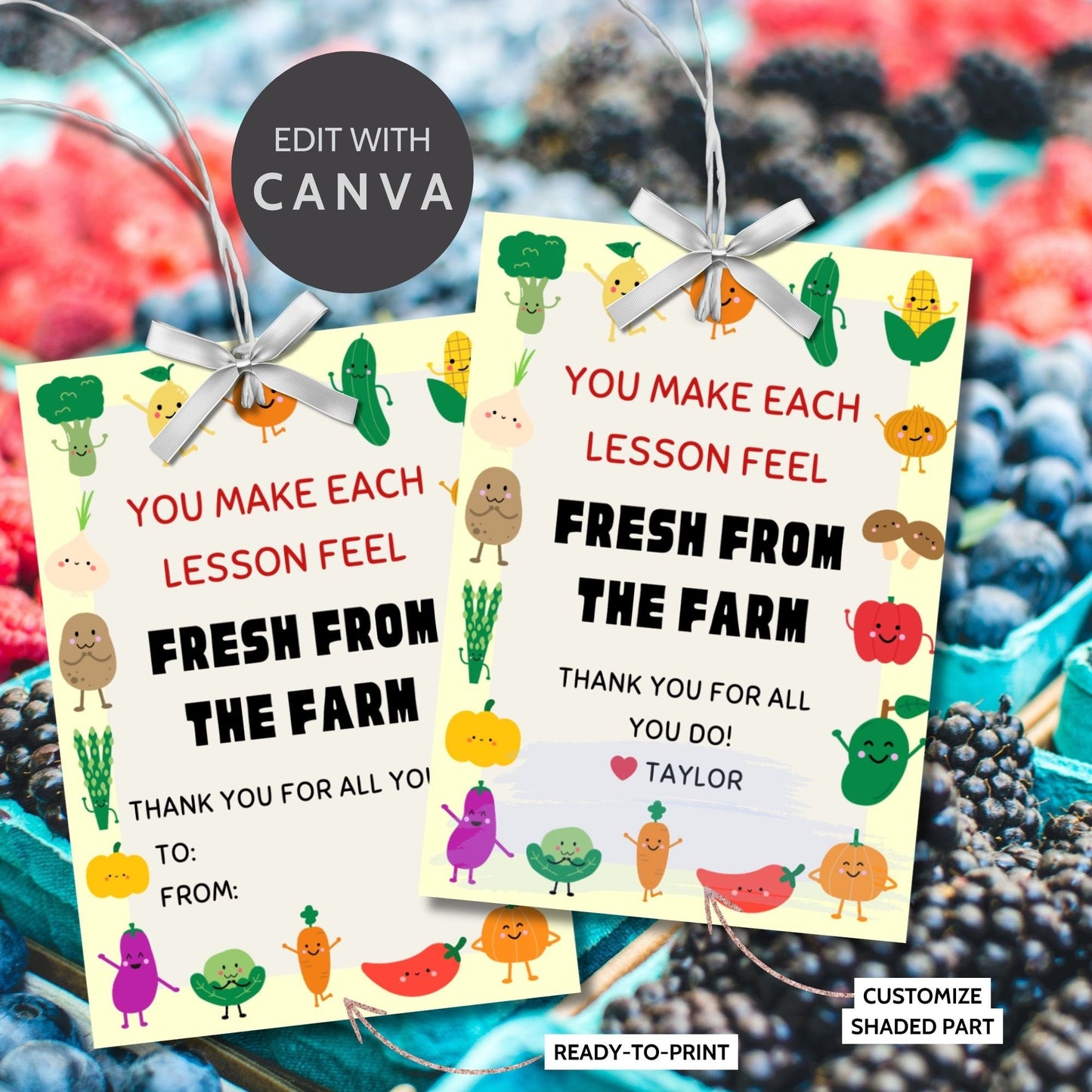 Image showcasing YOU MAKE EACH LESSON FEEL FRESH FROM THE FARMTags express gratitude with a colorful farmer's market theme and customizable names. Perfect for appreciation gifts to teachers, staff, and more.