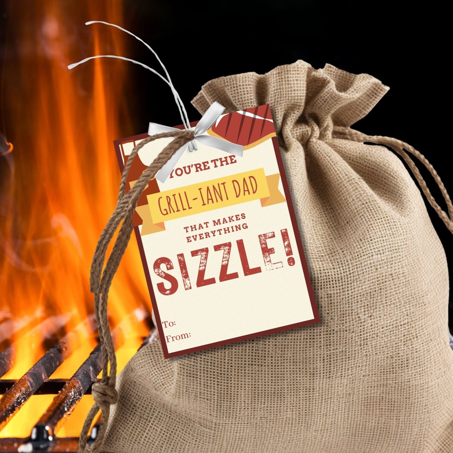 Eight grill-themed Fathers Day gift tags displayed in two rows of four. Each tag features a message about being the grill-iant dad that makes everything sizzle, with a customizable name slot.