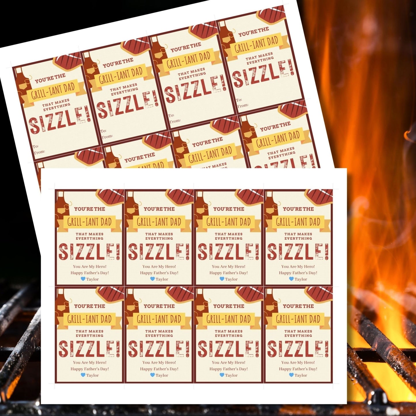 Eight grill-themed Fathers Day gift tags displayed in two rows of four. Each tag features a message about being the grill-iant dad that makes everything sizzle, with a customizable name slot.