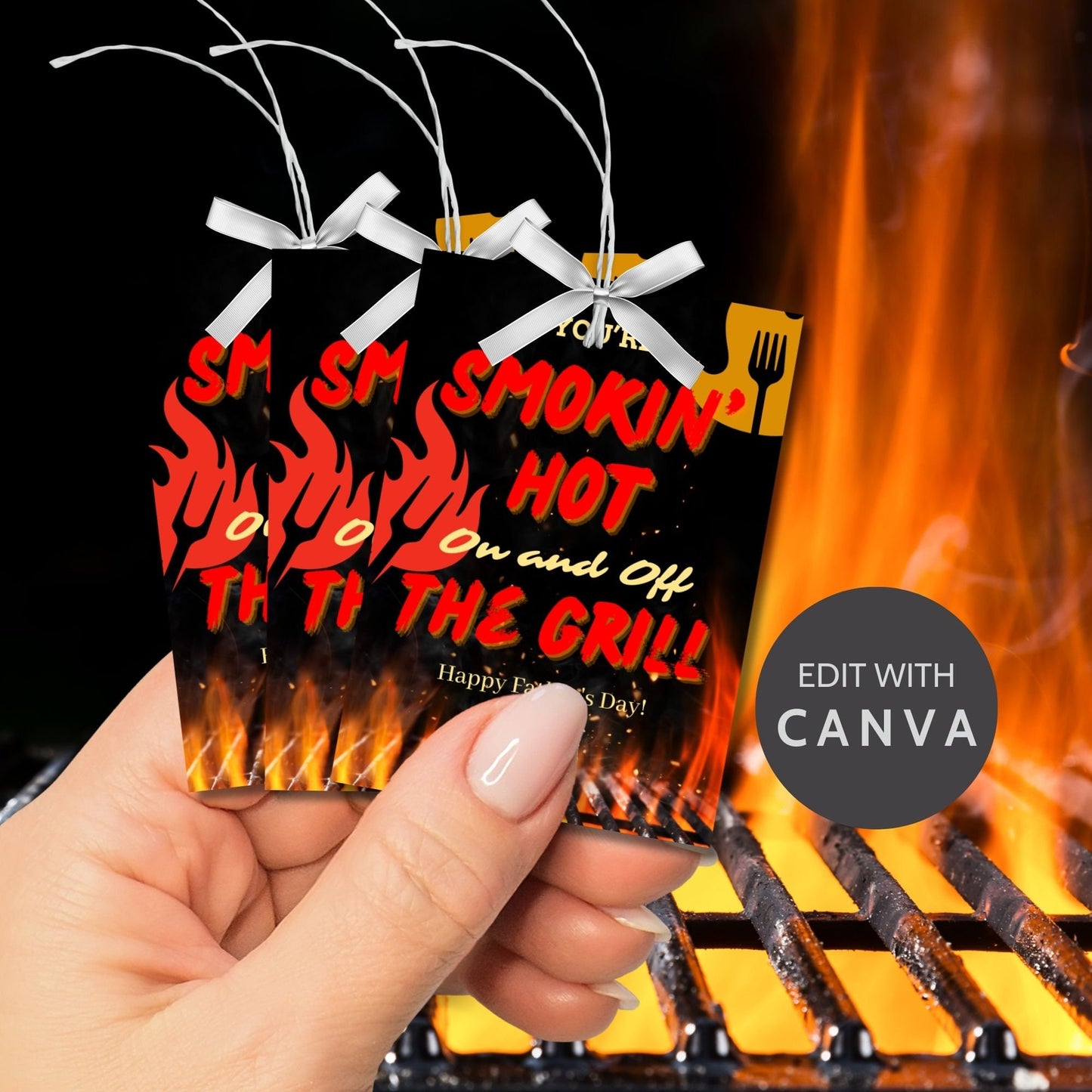 Eight smokin hot grill-themed Fathers Day gift tags displayed in two rows of four. Each tag features a message about being smokin hot on and off the grill, with a customizable name slot