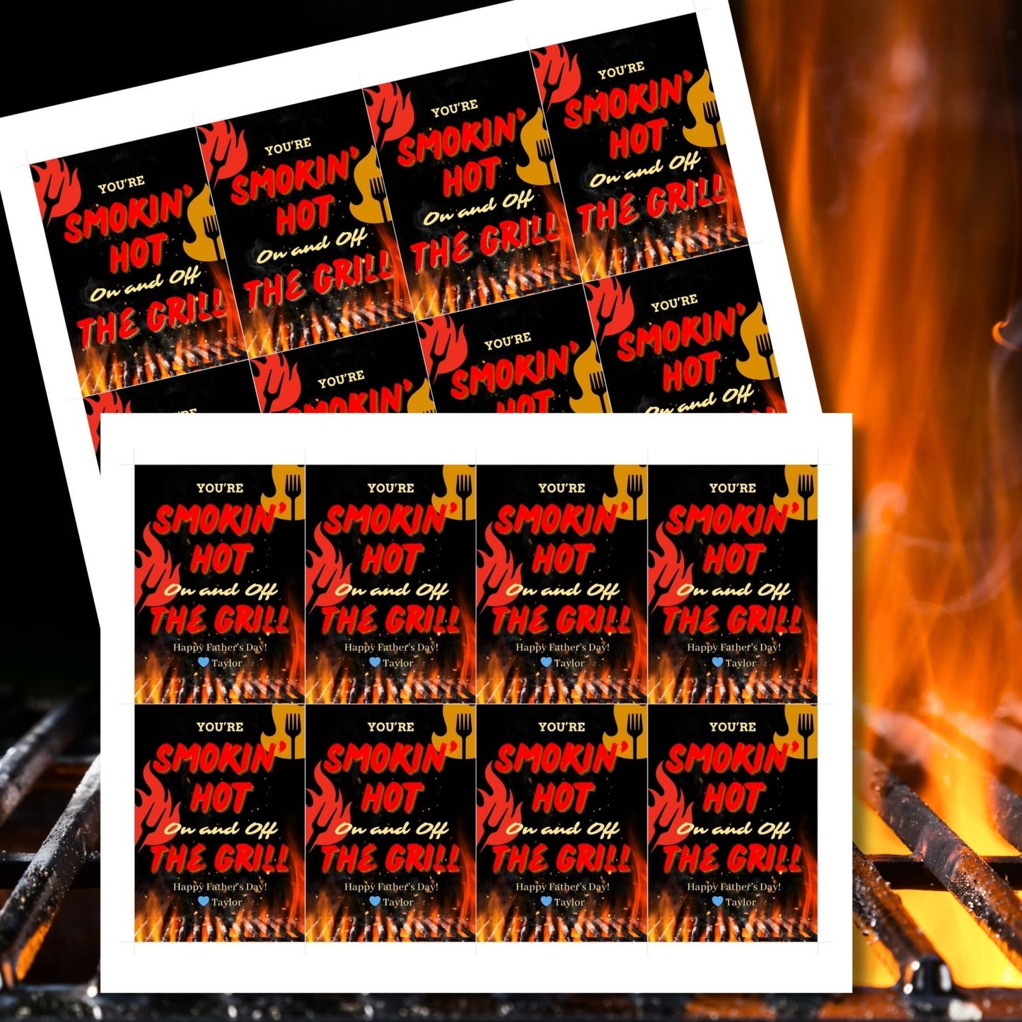 Eight smokin hot grill-themed Fathers Day gift tags displayed in two rows of four. Each tag features a message about being smokin hot on and off the grill, with a customizable name slot