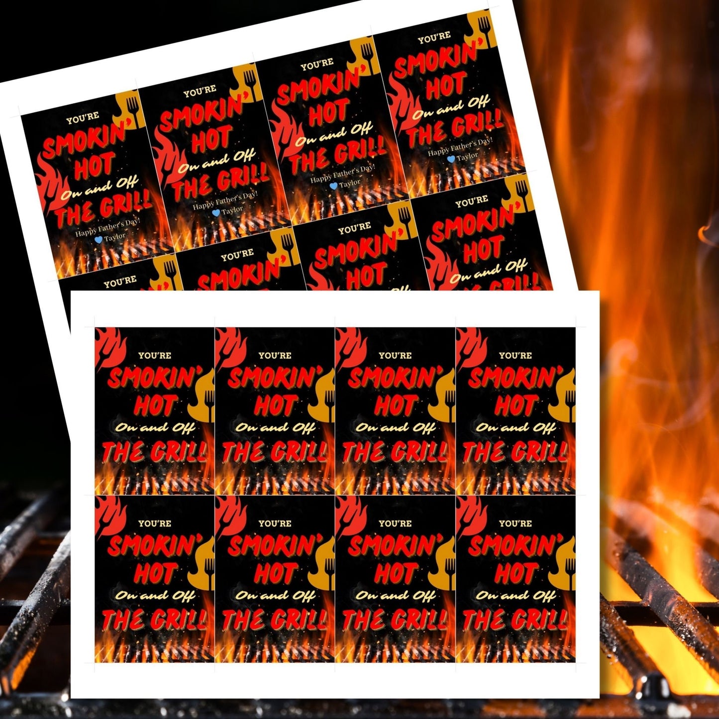 Eight smokin hot grill-themed Fathers Day gift tags displayed in two rows of four. Each tag features a message about being smokin hot on and off the grill, with a customizable name slot